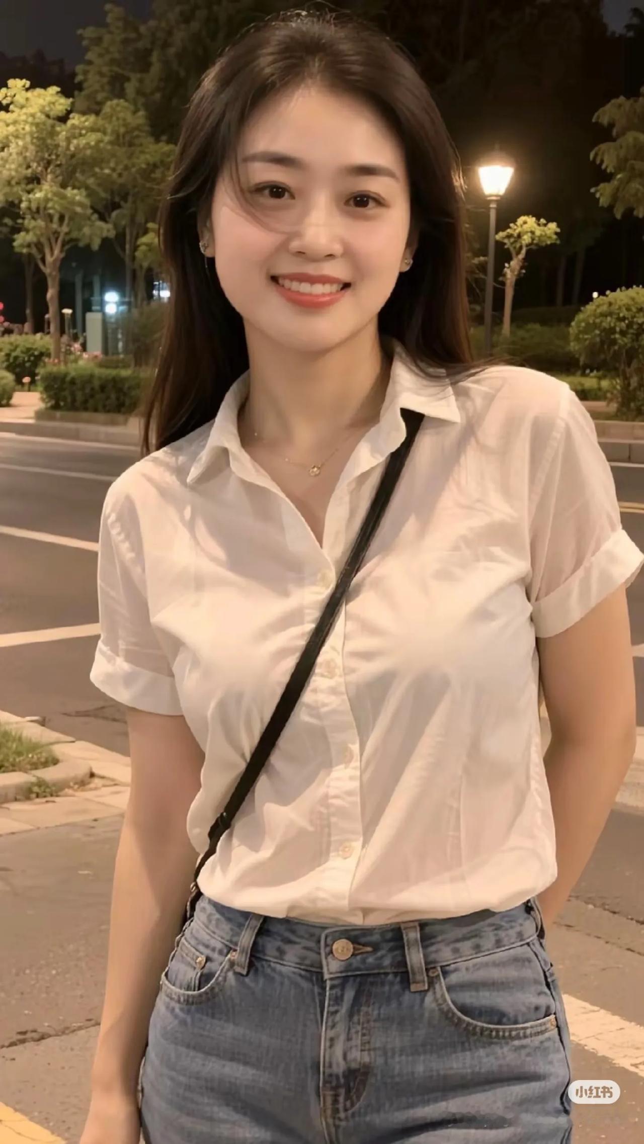夜晚街头的清新穿搭，简约白衬衫+牛仔裤，元气满满！街拍美女