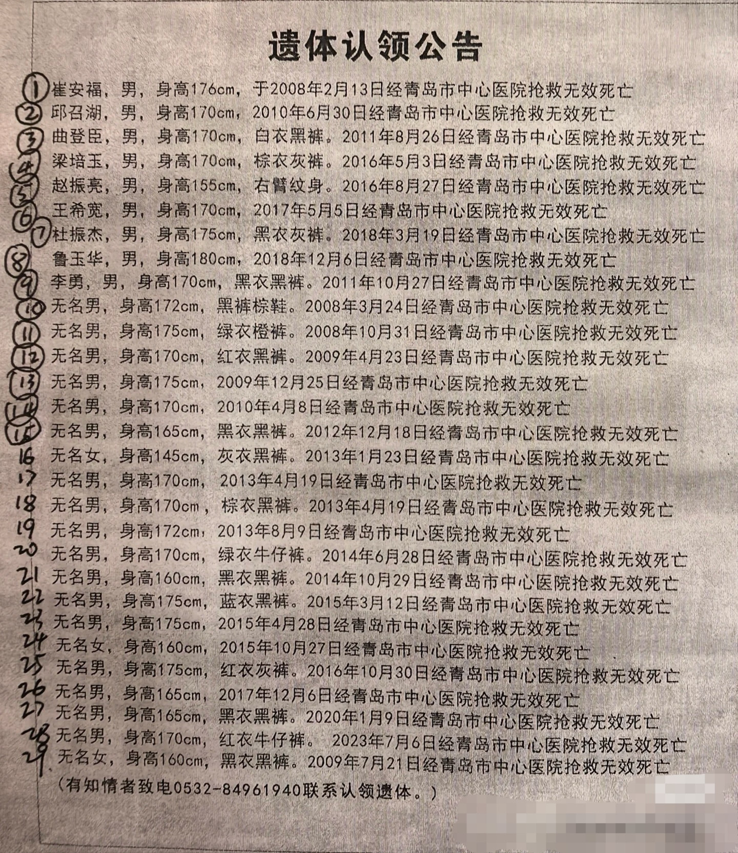 这是青岛市5月15日发布的认尸启事，这些可怜的孤魂野鬼，期待他们的家人能够尽快带他们回家！