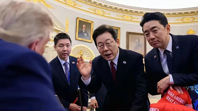 谁也没想到，李在明访美的这张照片，让韩国人集体愤怒！下面这张照片，特朗普坐在