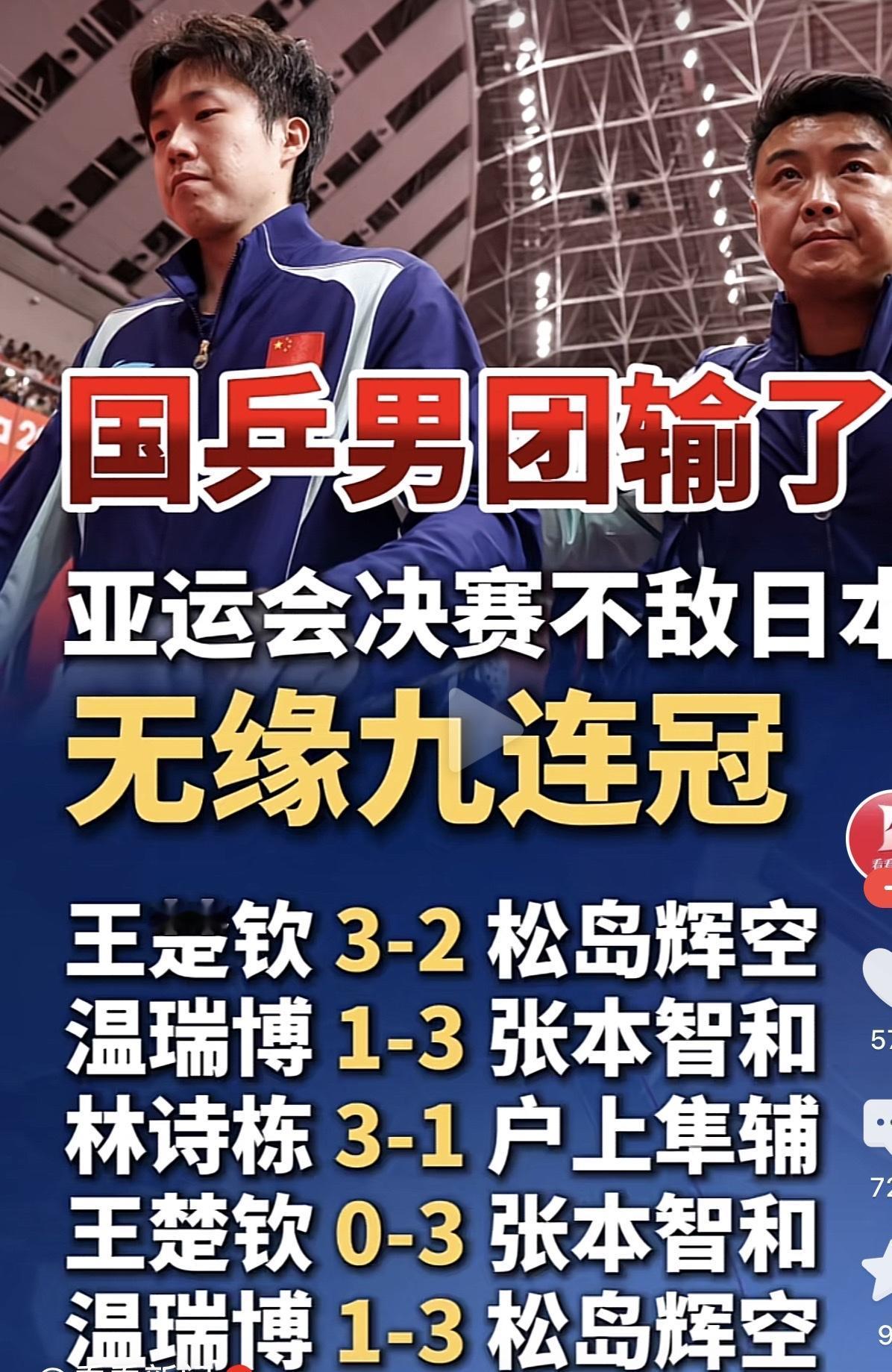 亚运会国兵男团输了，无缘9连冠！今天这场比赛我是全程看完了，一开始我就一种不好