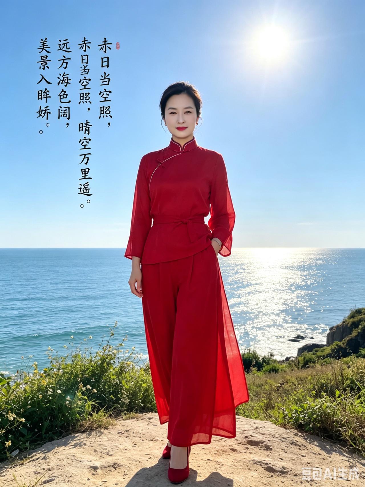 红衣美人搭配海天一色的美景，这画面简直绝了！红色连衣裙写真太有魅力，正红色就像聚