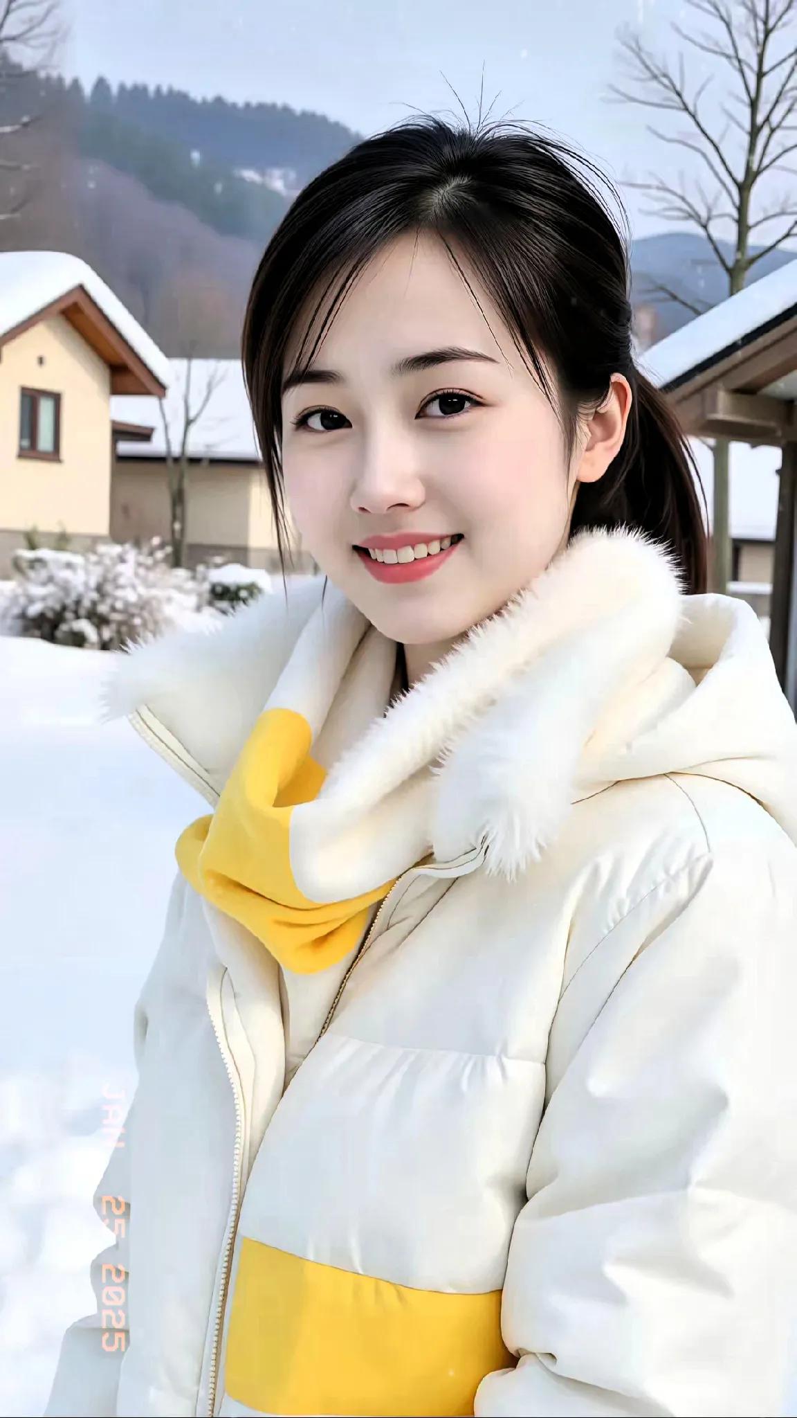 雪中少女笑，暖阳照人间。