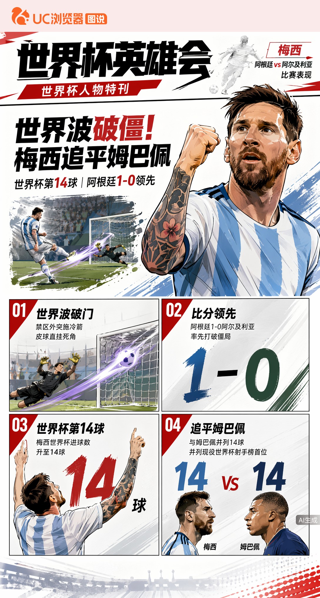 世界波破僵！梅西世界杯第14球追平姆巴佩，阿根廷1-0领先