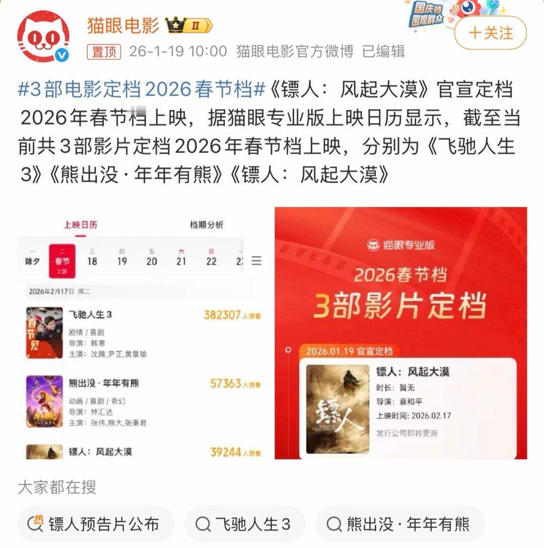 3部电影定档2026春节档个人看法，这三部电影的票房应该是《飞驰人生3》第一，《