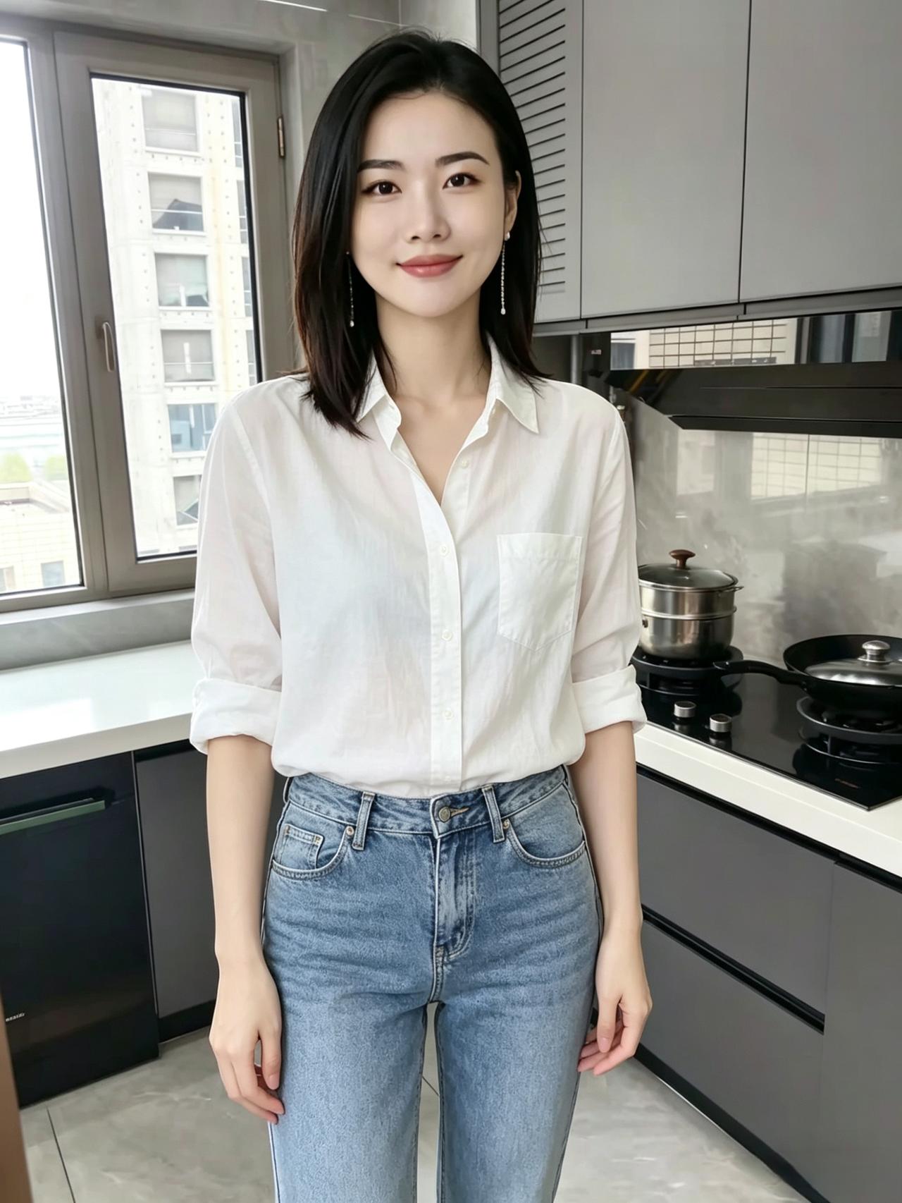 一袭白衫映玉容，牛仔裤畔起清风。眸中藏尽山河色，笑里融开岁月融。厨下烟火添温