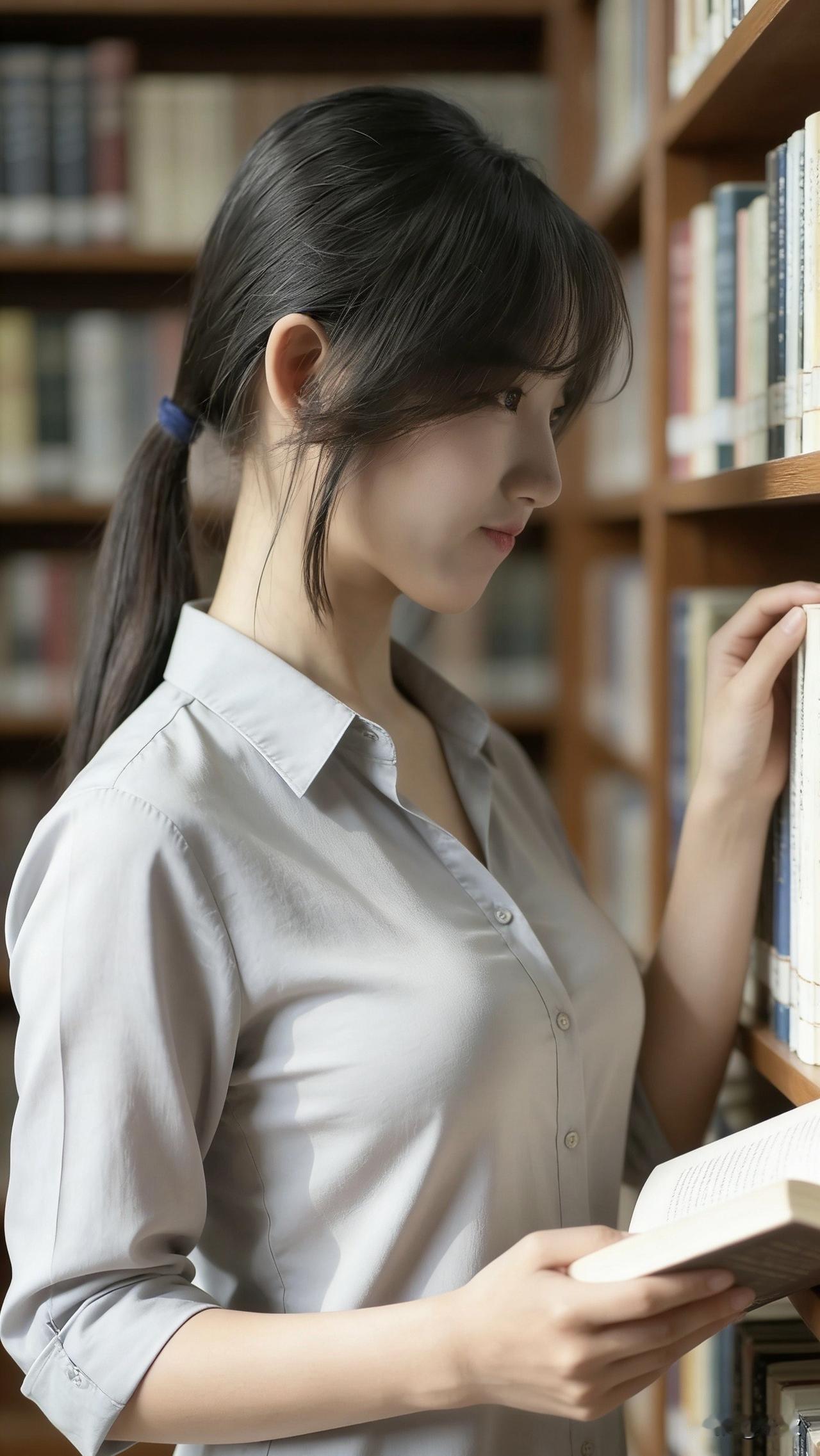 浅灰衬衫的衣角蹭过木质书架的纹理，她指尖轻捻书页，目光随着铅字缓缓游走。阳光穿过