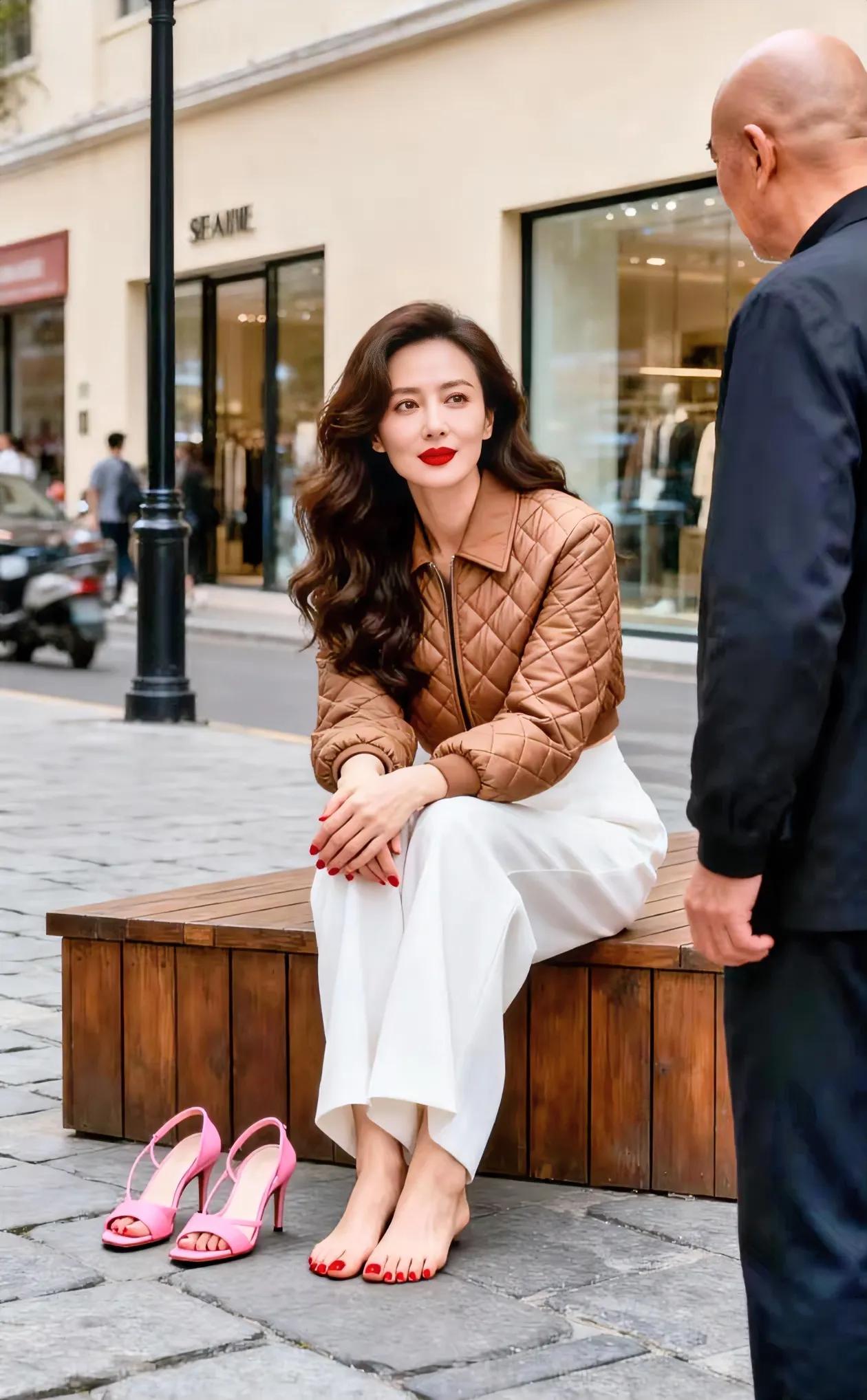 光脚踩在地下，也不怕着凉，旁边的大爷都有点看不下去了。