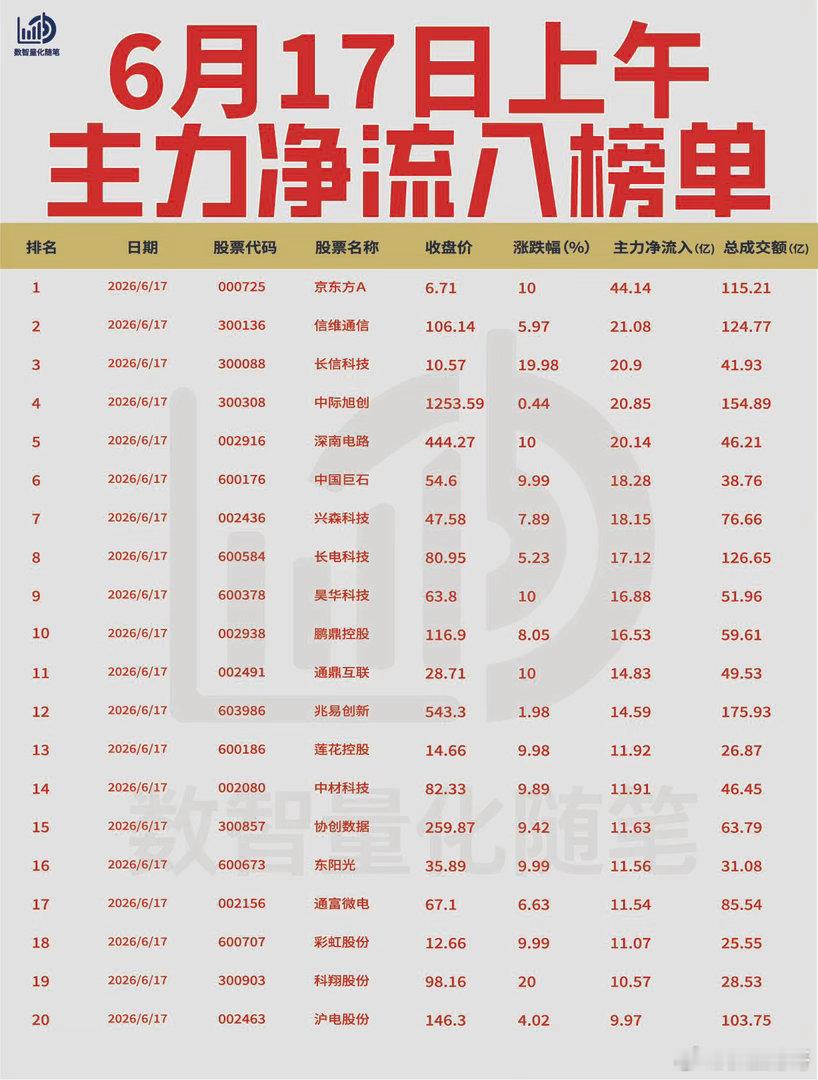 【6月17日上午主力资金榜单🔥】资金大幅流入面板显示、军工电子及半导体方向，激
