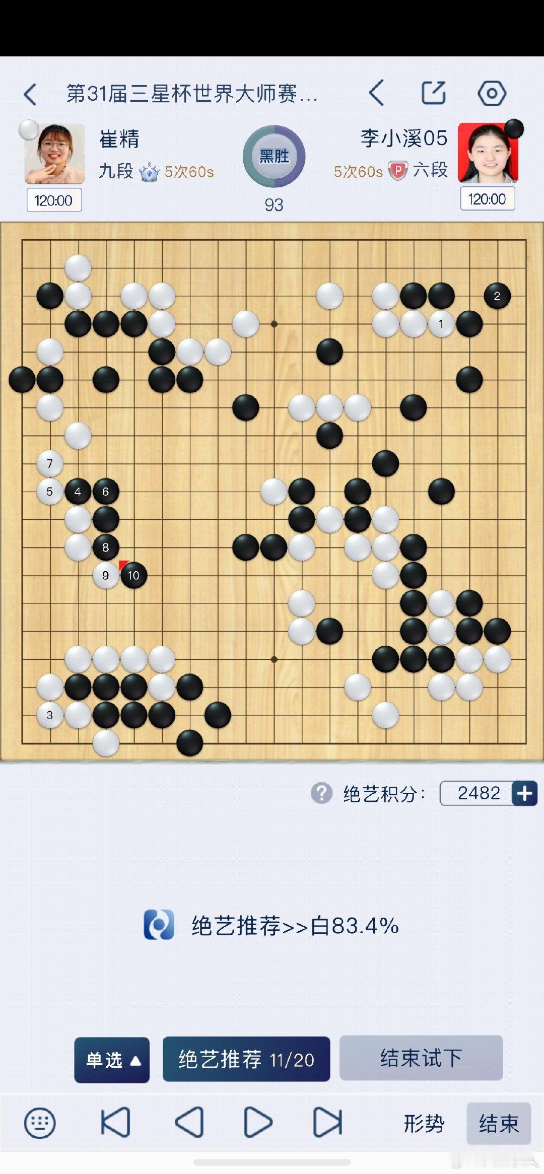 李小溪六段长棋了。今天三星杯预选第四轮对女王崔精九段，中盘崔精仅仅一着缓手，李小溪即抓住机会逆转。目