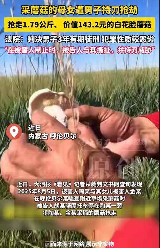 一男子持刀抢劫两母女1.79公斤白花脸蘑菇进了监狱，现在真的是智商太低的人才去违