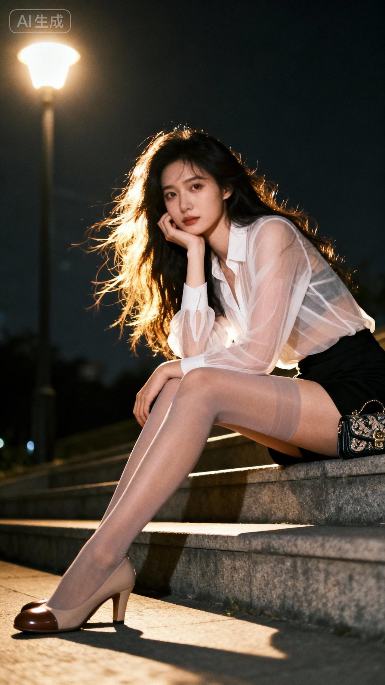 夜晚街头的优雅姿态，灯光下的迷人风情。