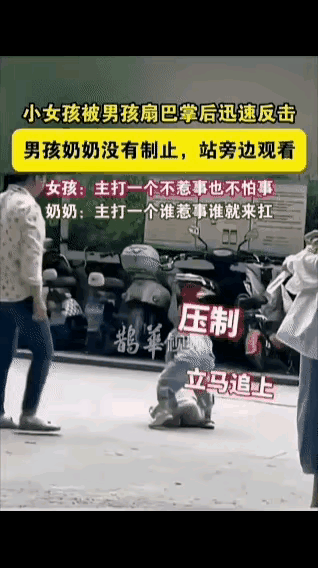 小男孩手太欠，他挣开奶奶的手后，跑开对身边的小女孩打了一巴掌。小女孩也不含糊