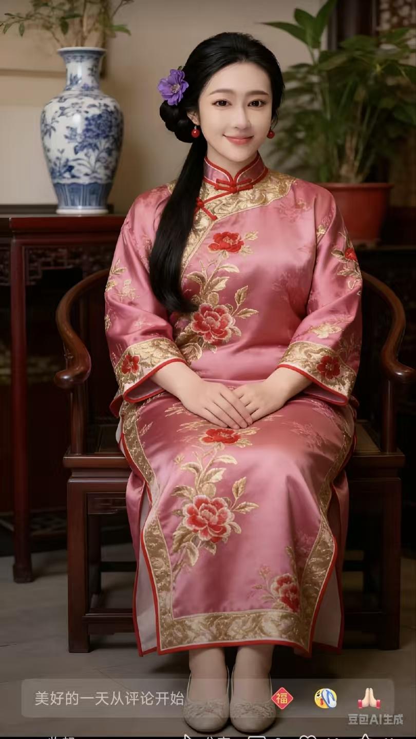 旗袍美人红金交织韵悠长，旗袍佳人意态芳。古典风姿盈雅趣，宛如诗画映韶光。