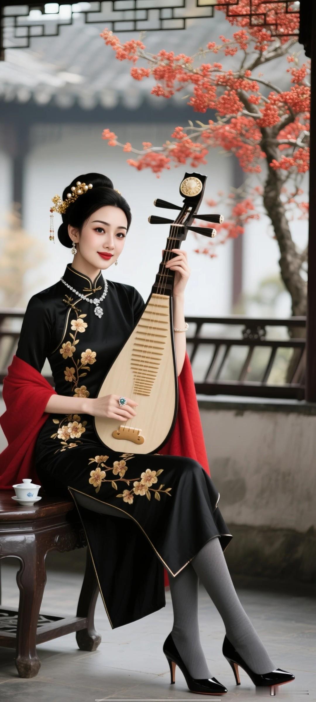 犹抱琵琶半遮面。转轴拨弦三两声古风黑色旗袍，无敌的气质。