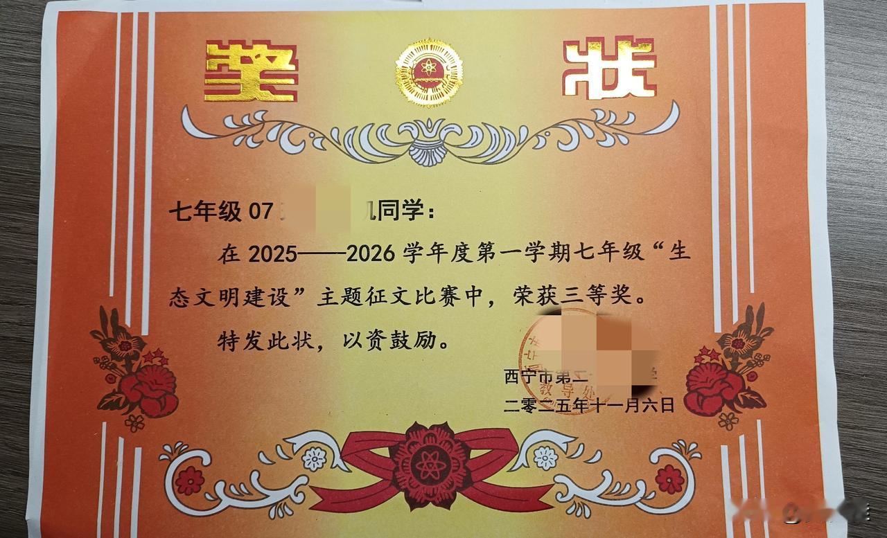 儿子上初中刚俩月，就欢天喜地把入学后第一份奖状带回来了！虽说不是一等奖，但我打心