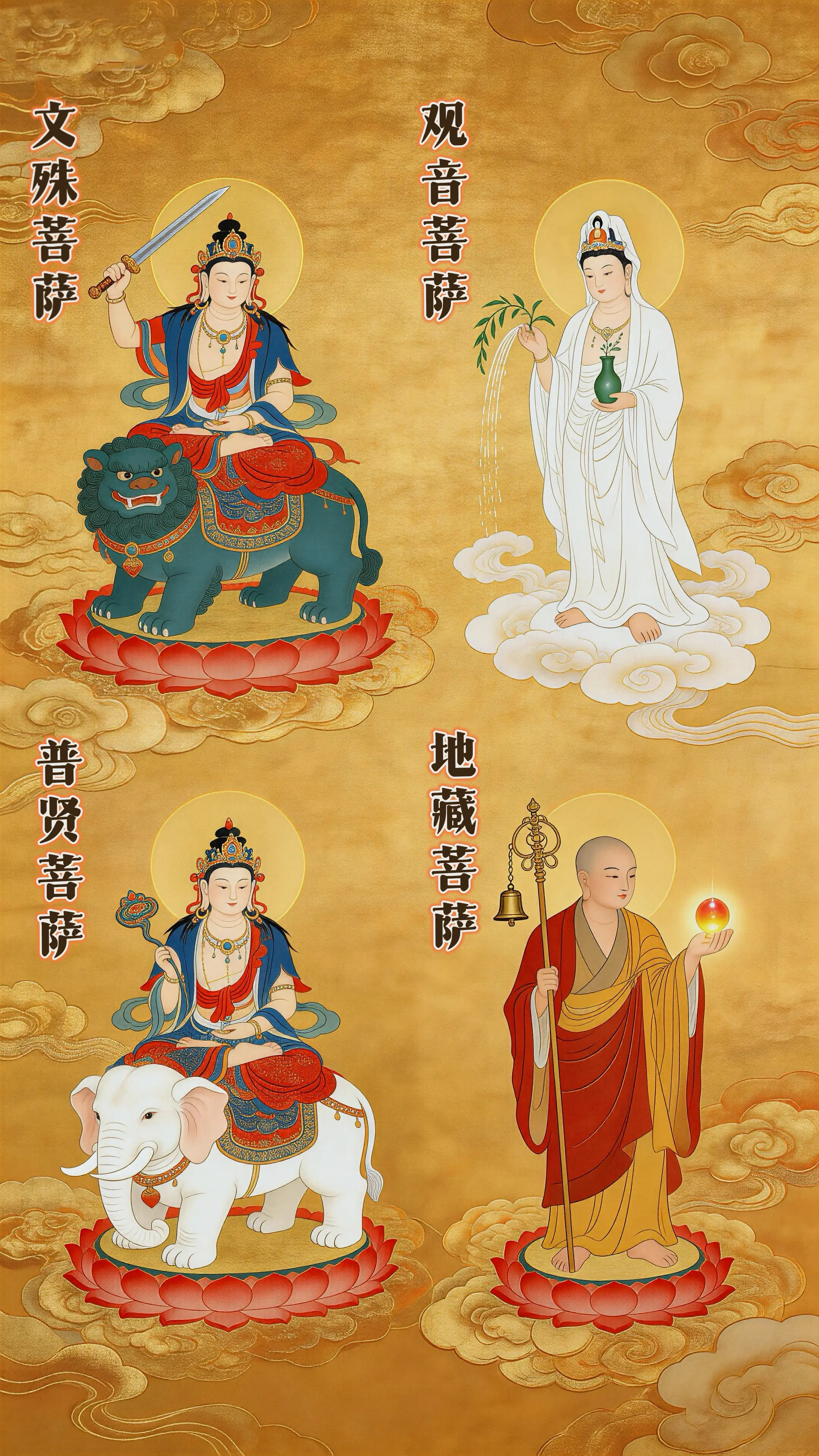 地藏菩萨是你脚下的善 观音菩萨是你心中的悲 文殊菩萨是你脑中的光 普贤...