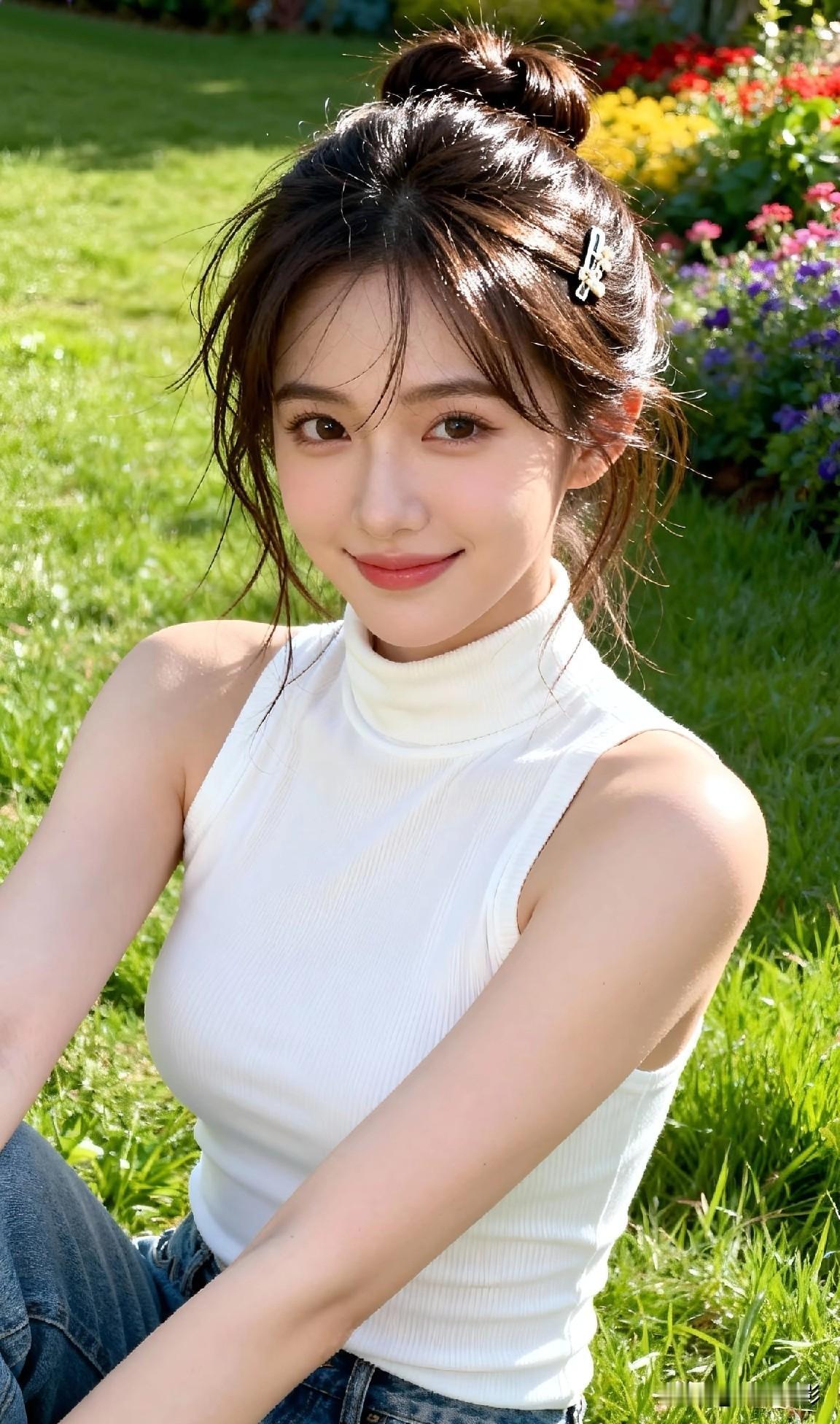 光之影绿草如茵映笑颜，花间人影动春心。春天花香风景美