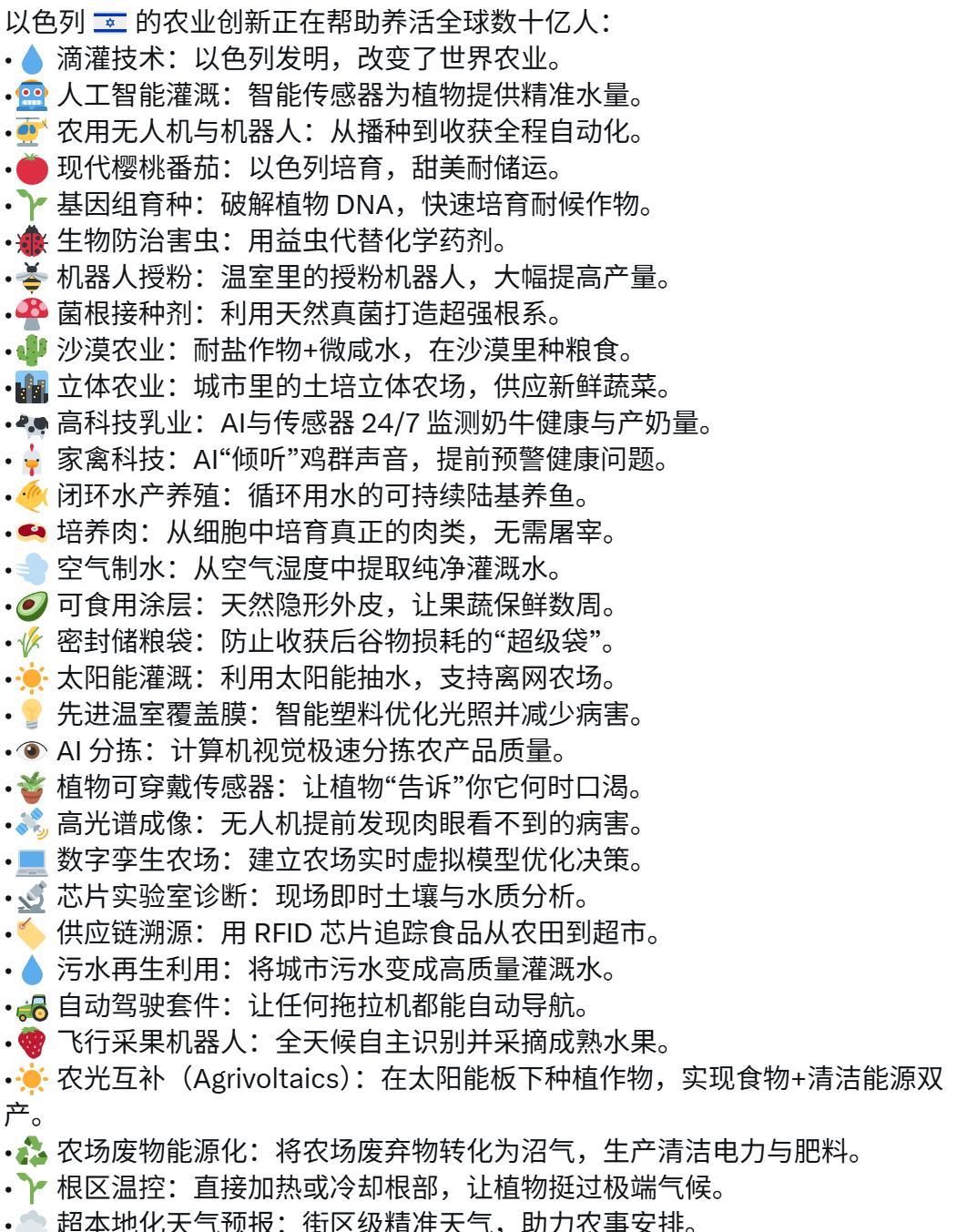 以色列的农业创新正在帮助养活全球数十亿人，哈粉们出来走两步，你们对世界贡献了什么