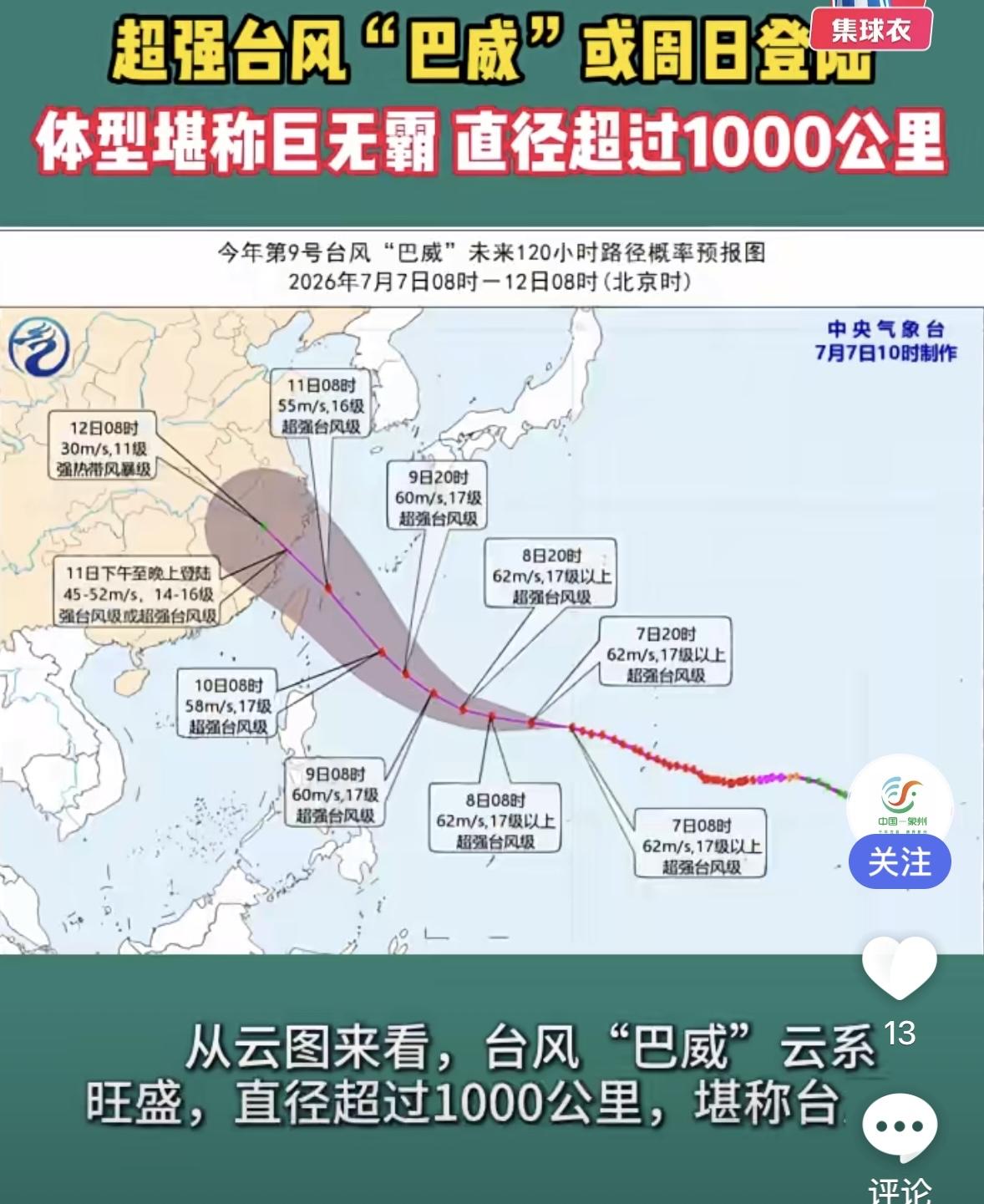 7月7日下午，超强台风“巴威”已维持超强台风级别超80小时，其云系跨度超过130