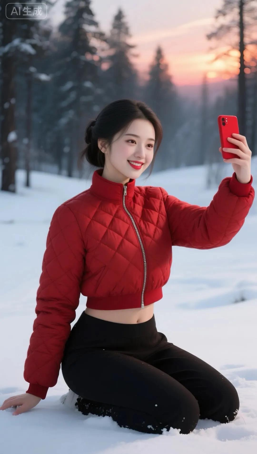 冬日雪景中的甜美自拍，红色羽绒服与白雪的完美搭配！🌨️📸