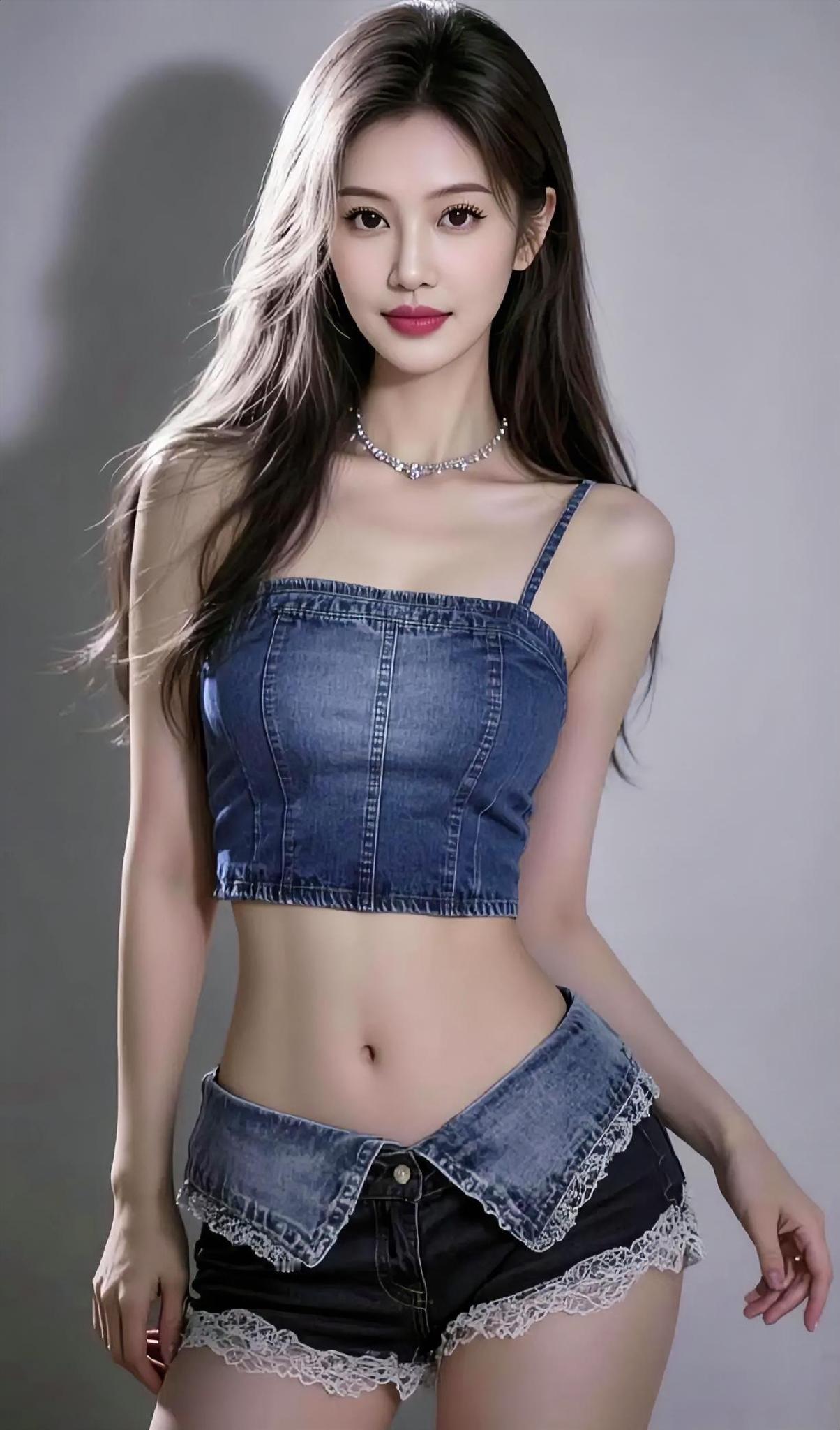 光影柔和，青春正好。一袭牛仔短装，混搭蕾丝的俏皮。长发轻垂，