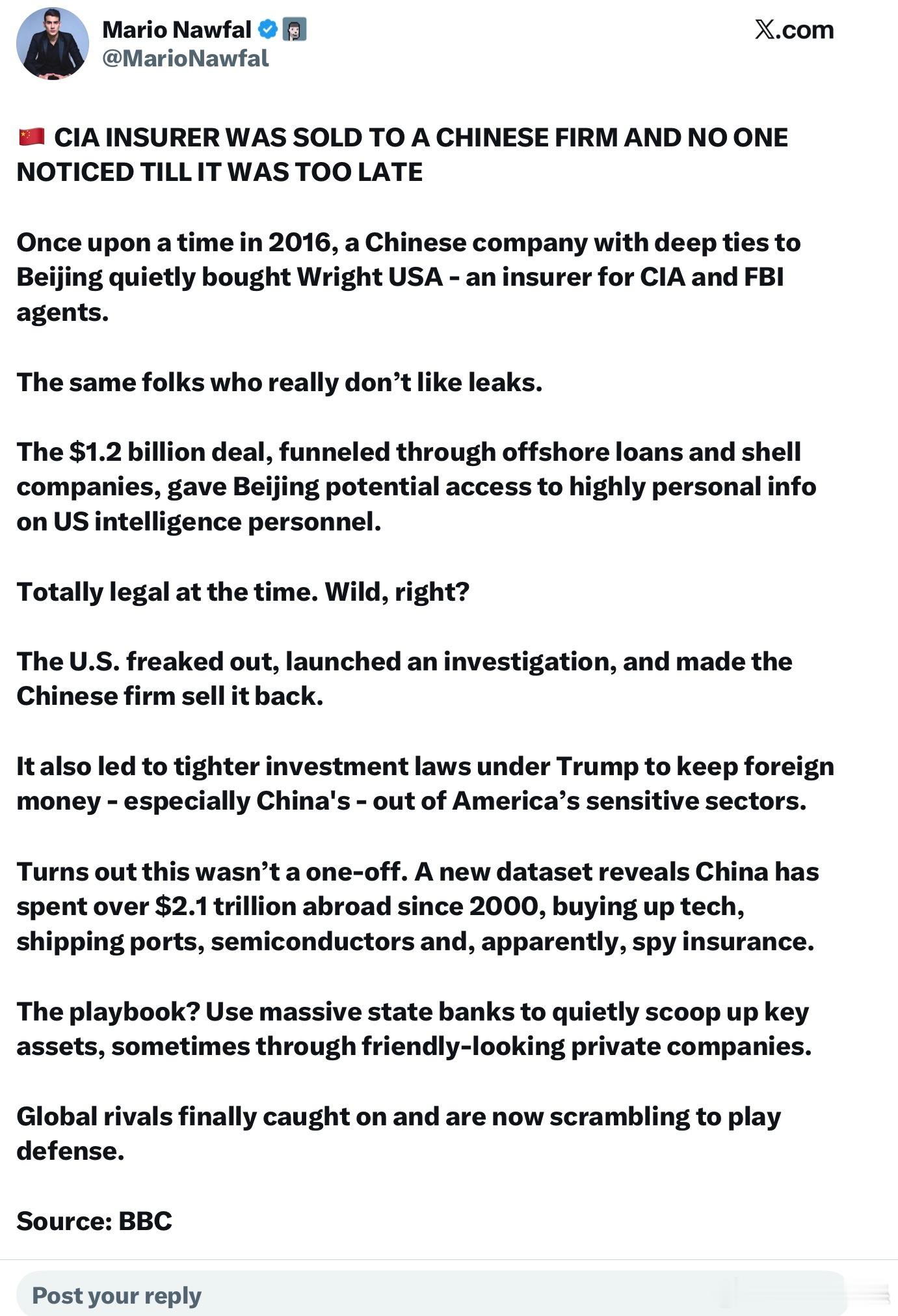 BBC：CIA員工保險公司竟然悄悄地被中資買下，而美國政府直到事後才驚覺。20