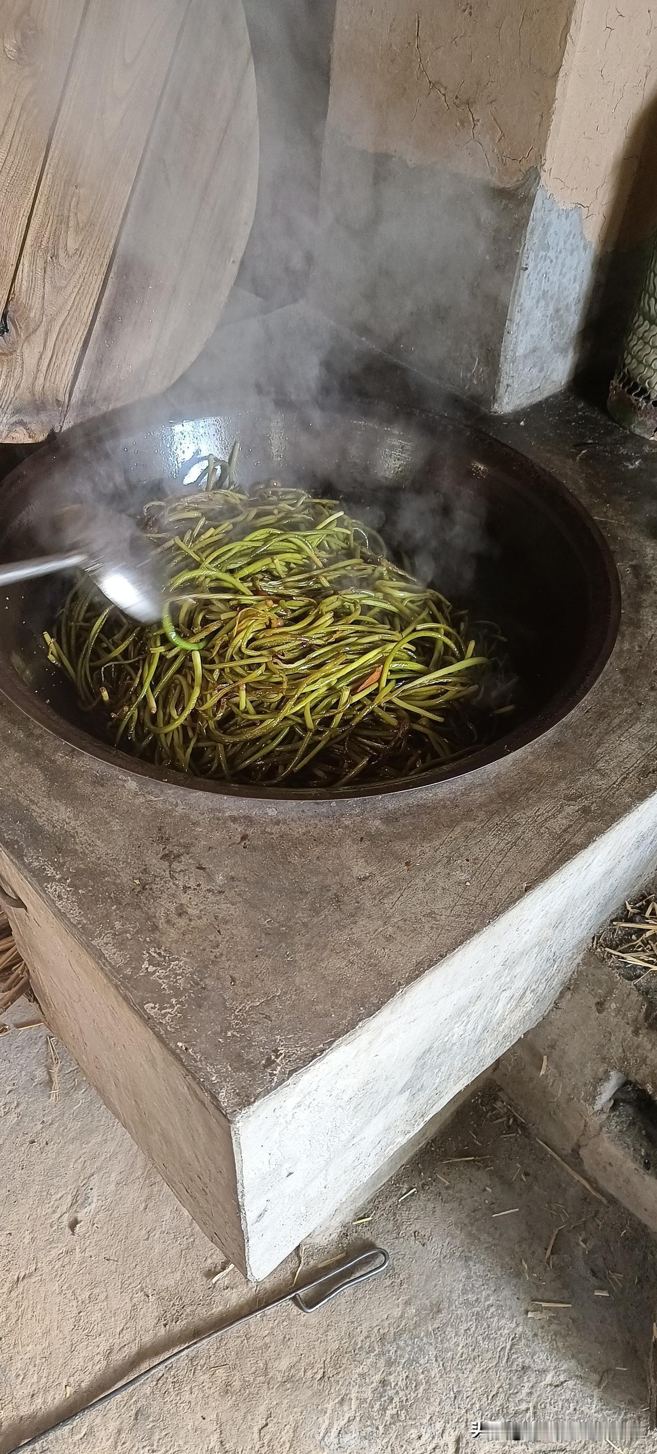 昨天和小姑子下地拔了那么一大袋子的蒜苔，可把老婆婆愁到了。冰箱里根本没有地方放