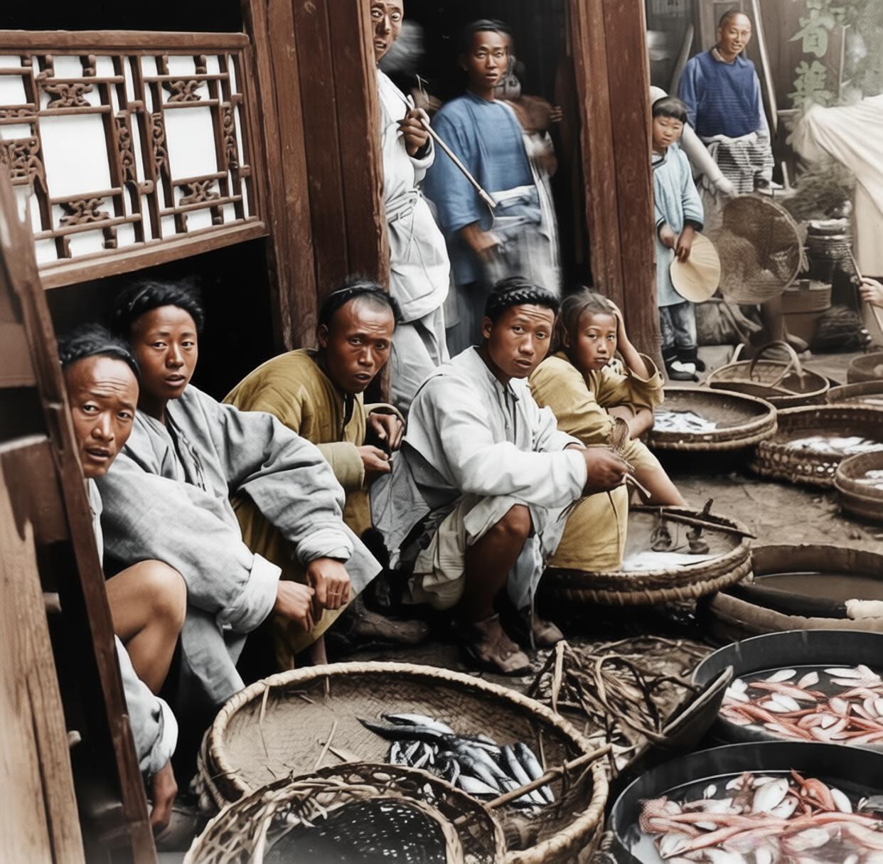 晚清的淮安城内，一处鱼市角落，几位以此为生的鱼贩，身着棉布衣衫，或坐或蹲在自家店