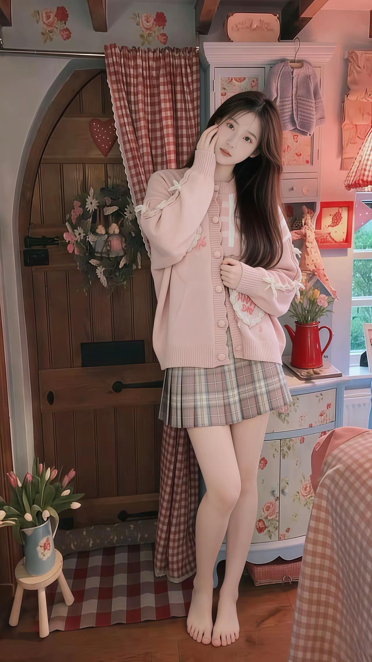 少女心满满的小屋，粉色毛衣与格子裙的完美搭配，温馨又可爱！💖🌸👗嫩粉色系穿