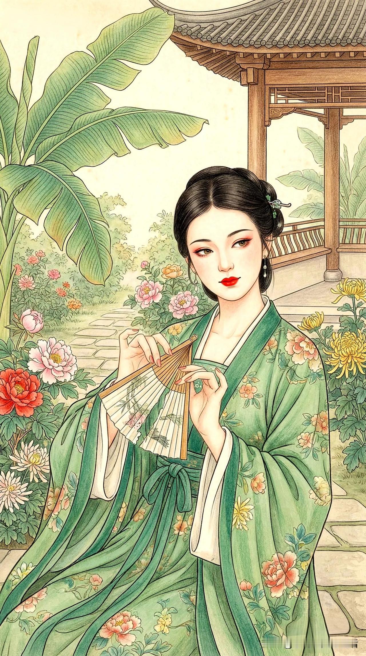 花间美人，轻摇团扇。