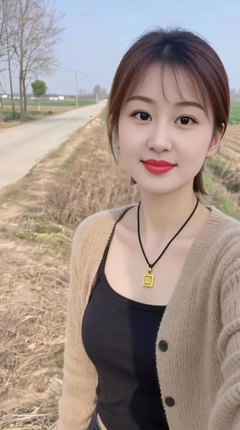 阳光明媚的乡村小路，少女甜美笑容，温暖如春日阳光。这少女穿着一条淡蓝色的棉布裙，