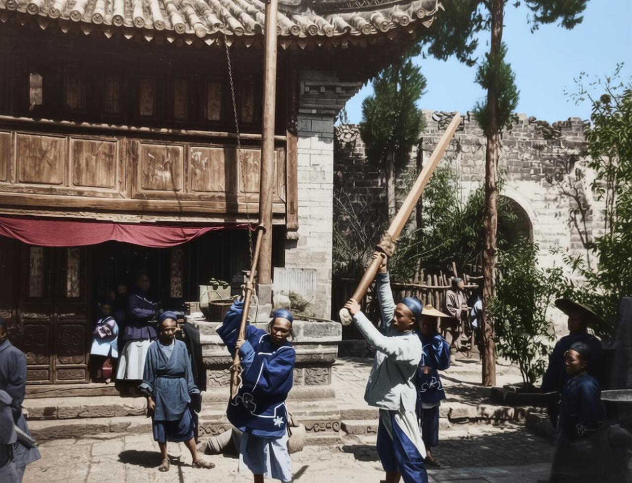 清末，云南昆明金殿（太和宫）真武庙前，两位身着粗布短衫的男子正展示两件巨型兵器。