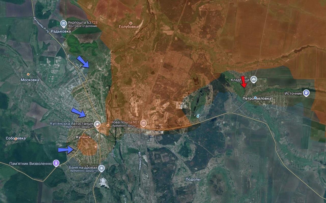 库皮扬斯克方向。乌军继续尝试从索博列夫卡、莫斯科夫卡、拉德科夫卡等方向分批进入库