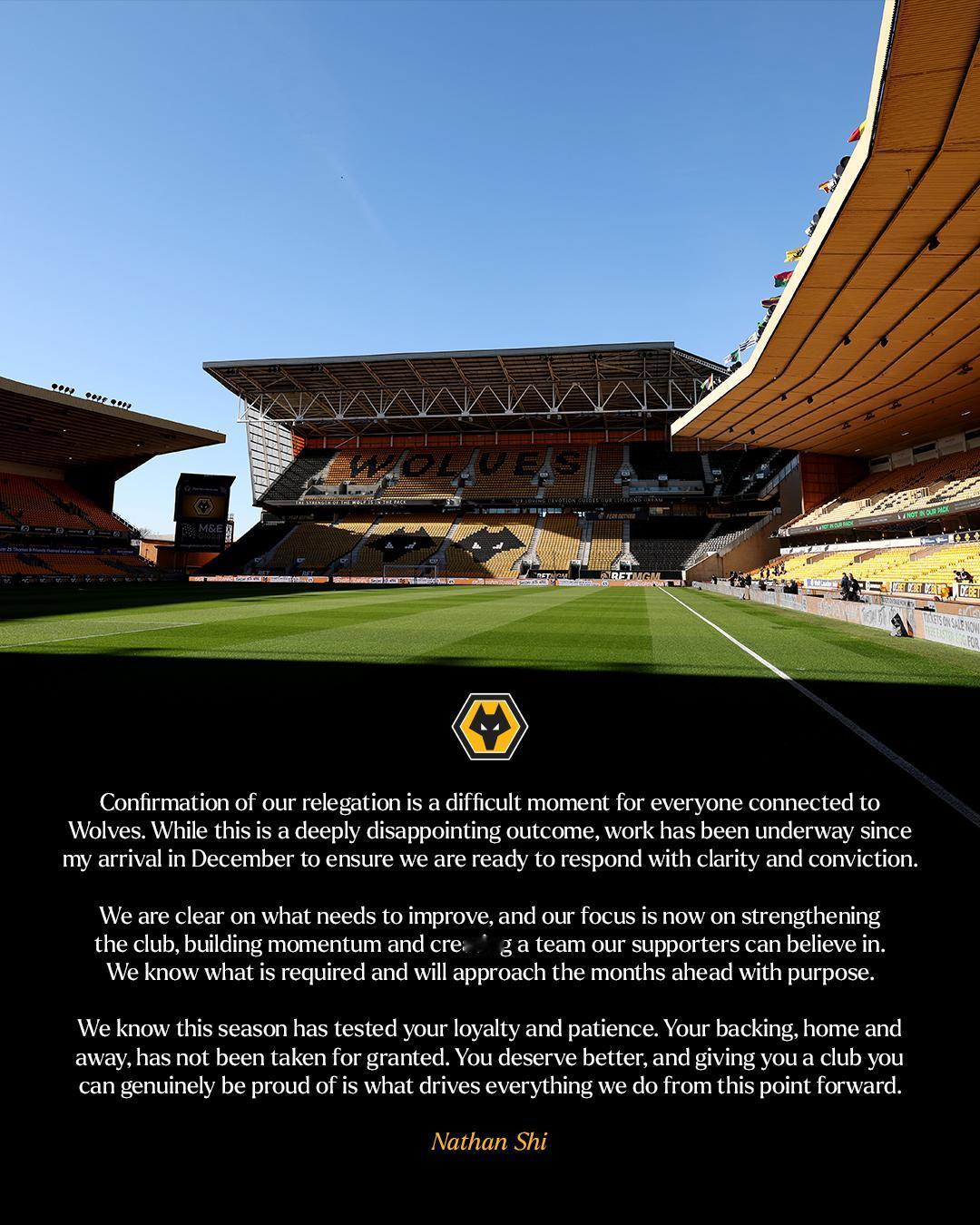 狼队官方发表降级声明👇：对于所有与狼队相关的人来说，球队确认降级是一个无比