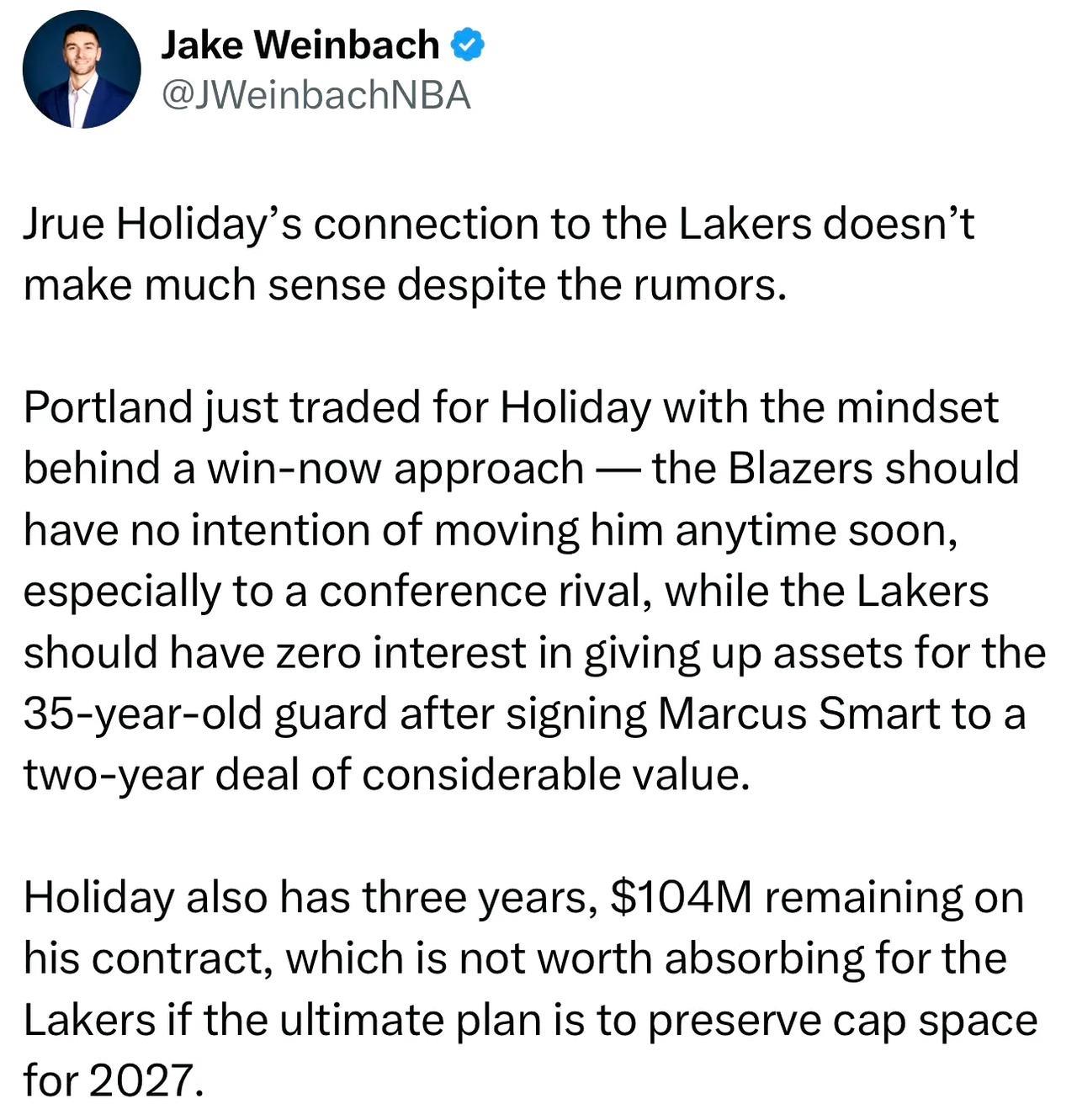 此前有报道称湖人有意霍勒迪，NBA记者JakeWeinbach对此表示：“尽