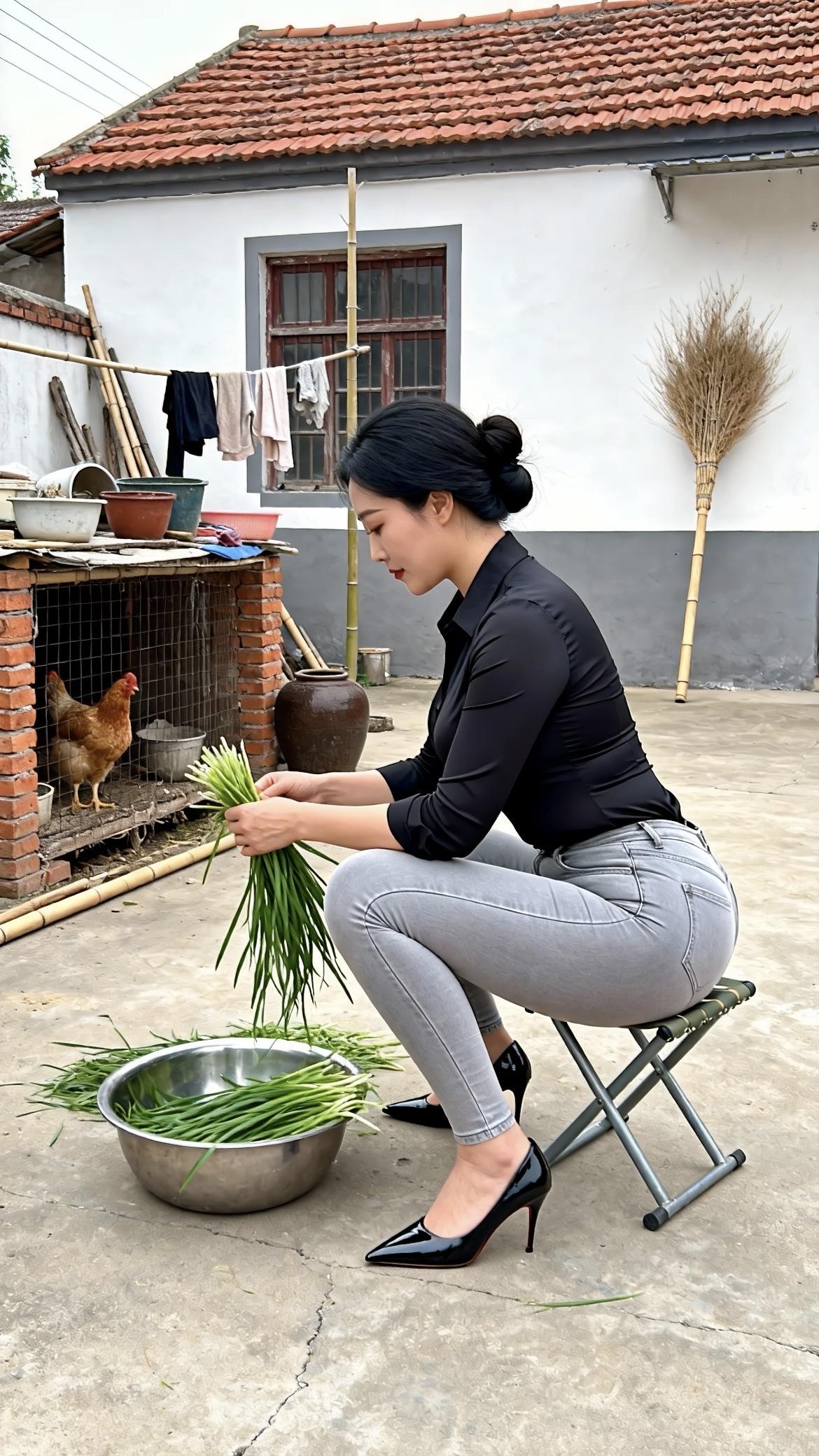 灰白的屋墙凝着乡居的质朴，红瓦的檐角勾着浅淡的天光，砖垒的鸡笼里藏着鲜活的烟火气