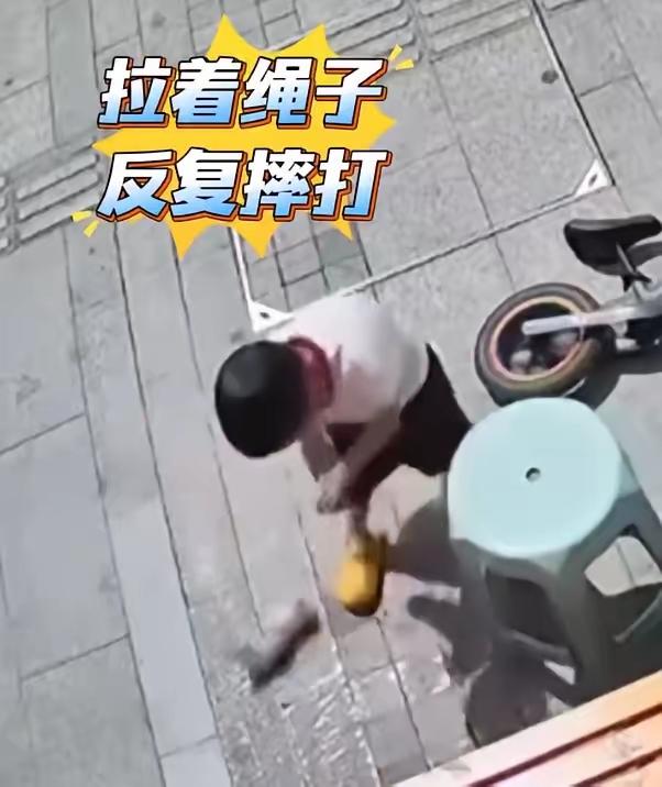 辽宁，一店铺门口拴着一只小奶猫，一名约5、6岁小男孩骑车路过，竟对小猫做出不当伤