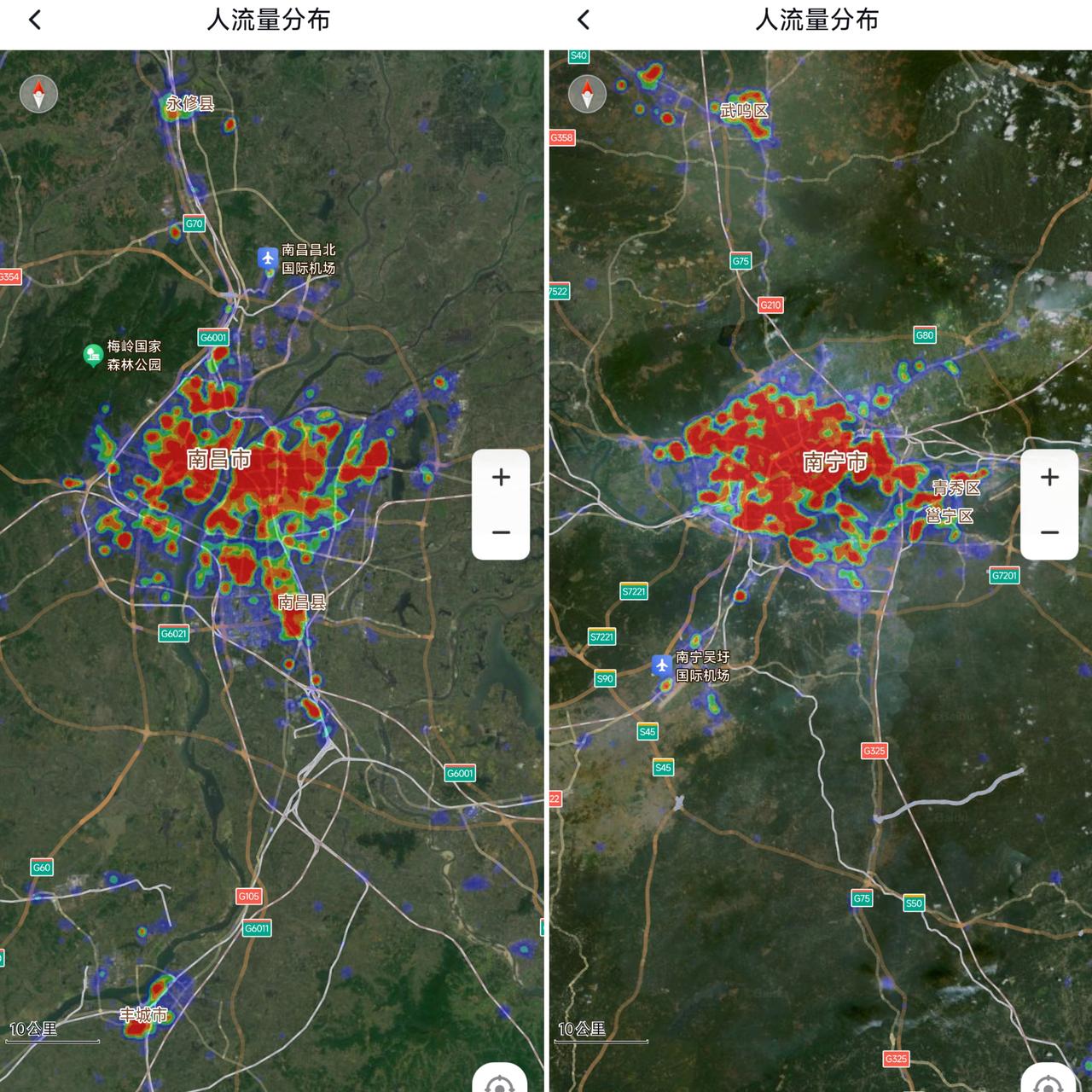 南宁常住人口数量897万，南宁只有667万。可是观察城市热力图我感觉南昌的市区面