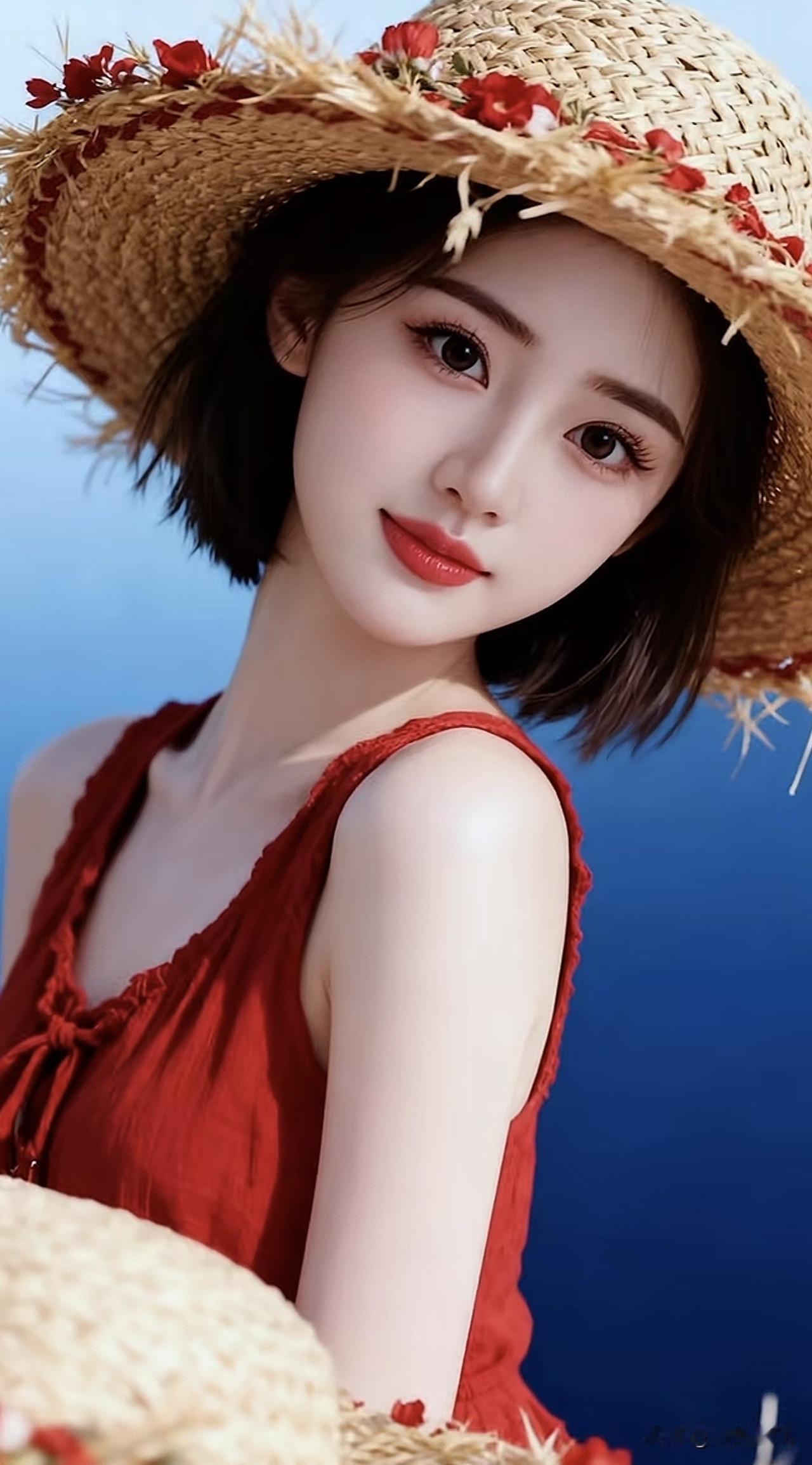 夏日甜美少女，草帽红裙，清新自然，阳光明媚草帽红裙穿搭红衣草帽少女乡间草帽少
