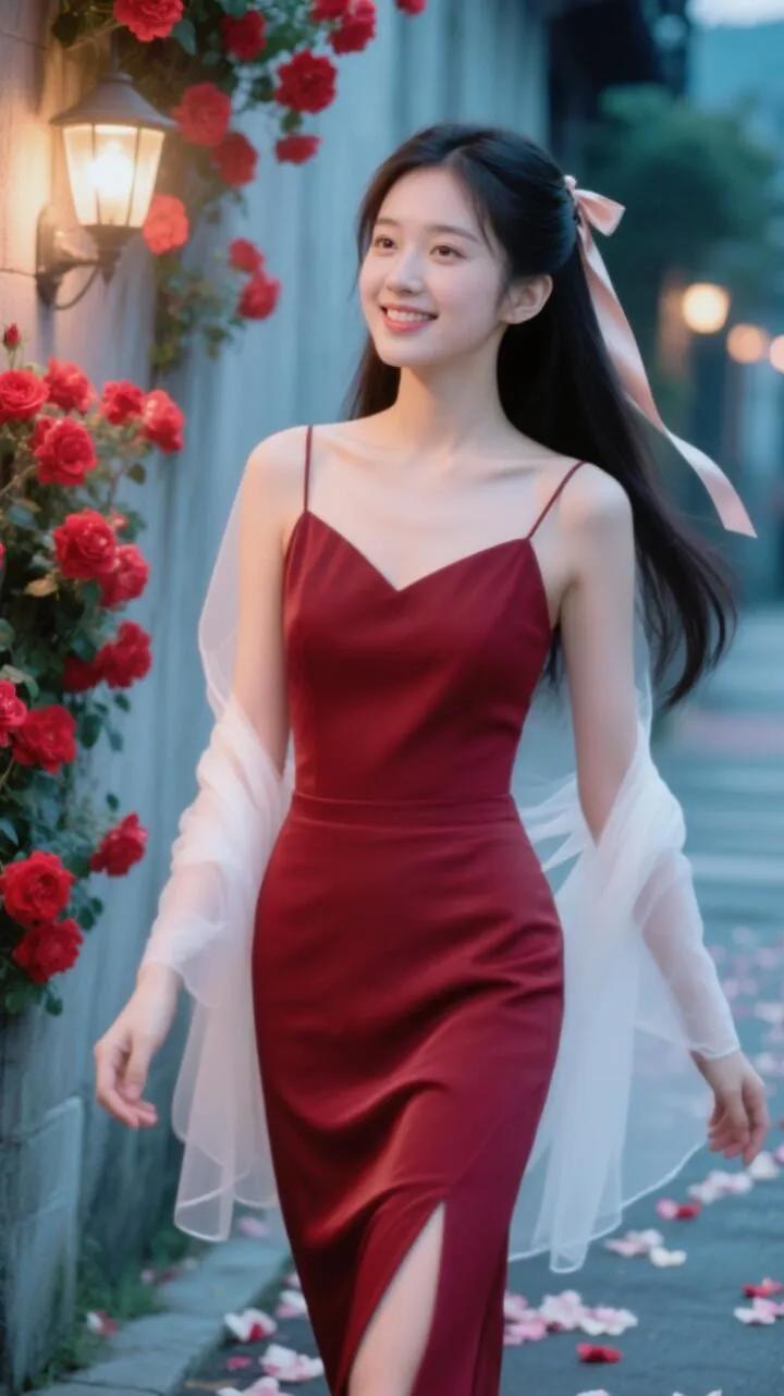 优雅红裙，漫步花径，笑靥如花