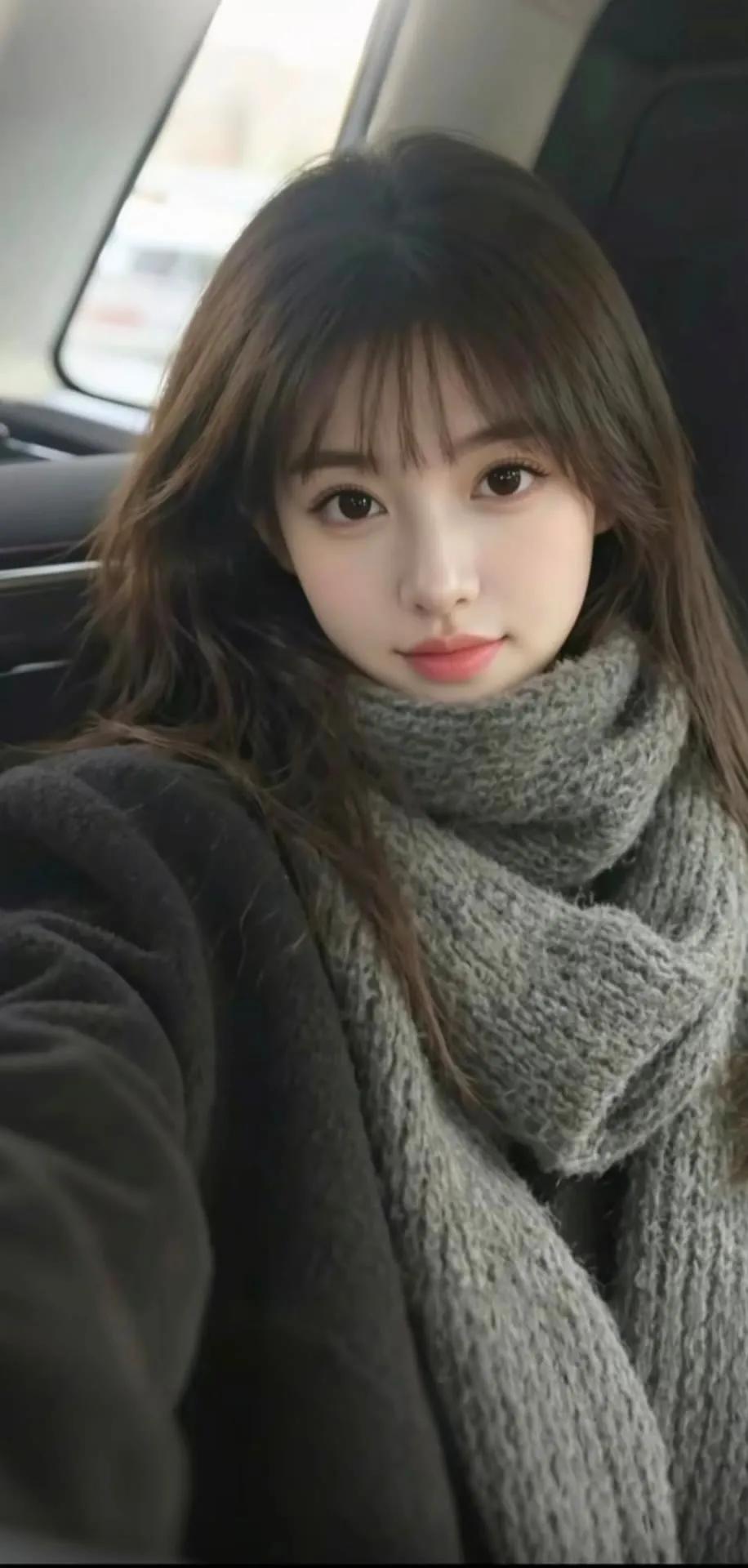 冬日暖阳下的甜美自拍，灰色围巾搭配黑色外套，温暖又时尚！街拍高清美女