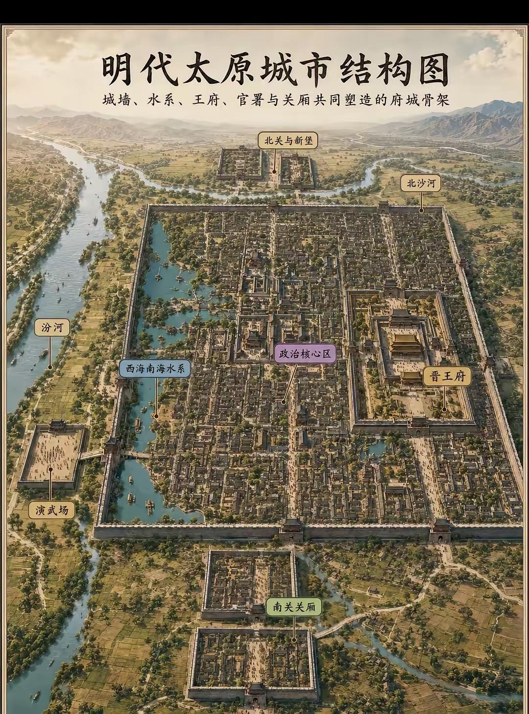 看看明代太原城，和现在对比一下，是不是觉得穿越回去了！