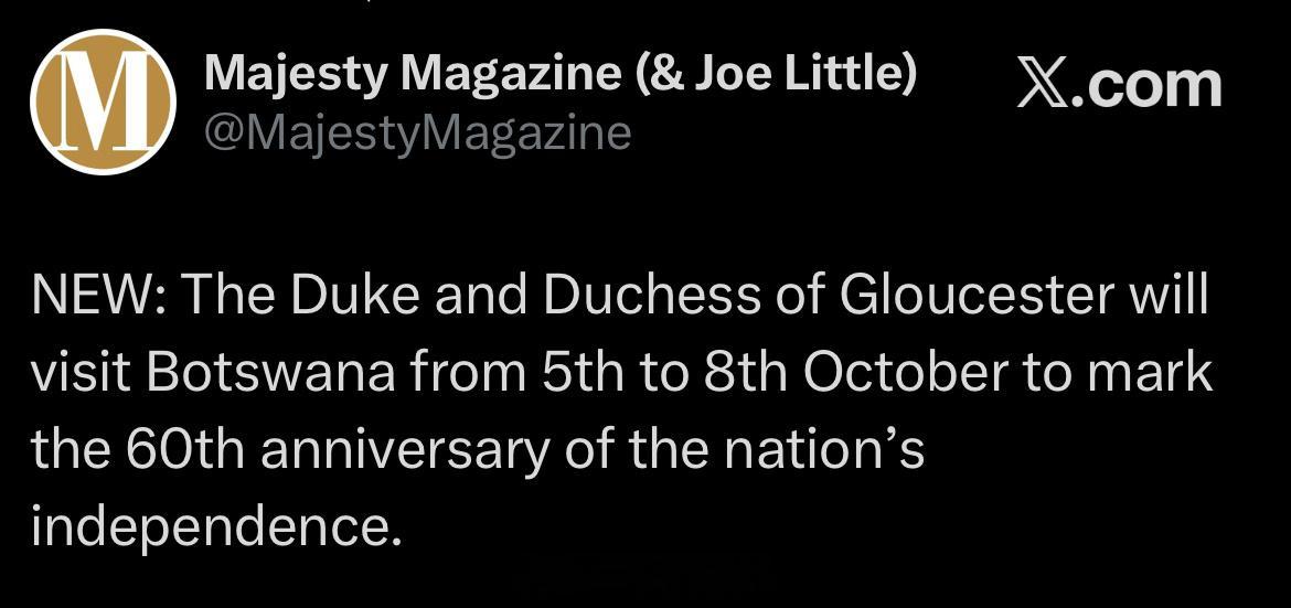 英国王室【预告】2026年10月5日至10月8日，格洛斯特公爵夫妇将