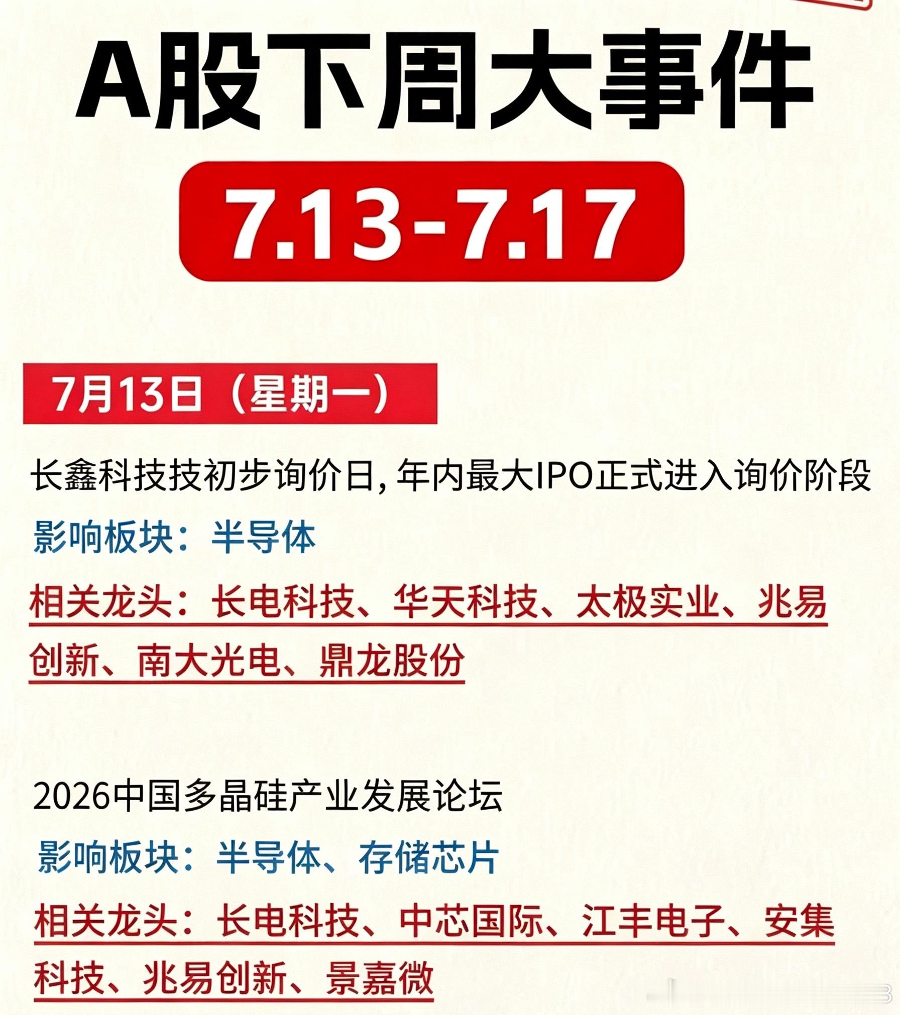 本周市场持续震荡分歧，很多人纠结持仓去留。但梳理下周（7.13-7.17）重磅事