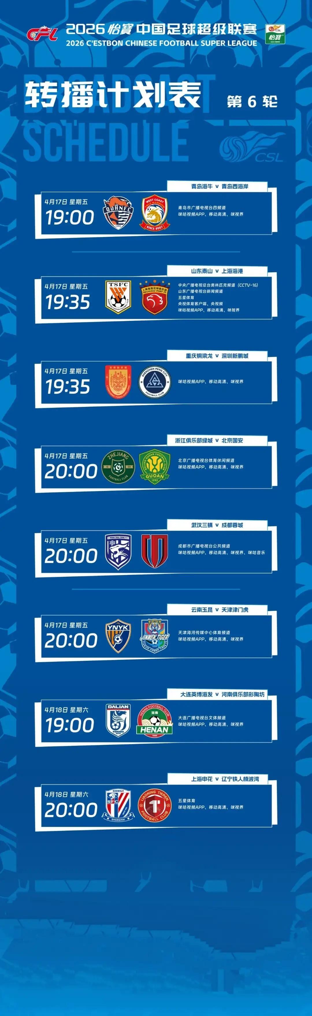 可能是已老糊涂，刚刚才发现中超第6轮比赛，竟只有2场安排在周六、有6场安排在周五