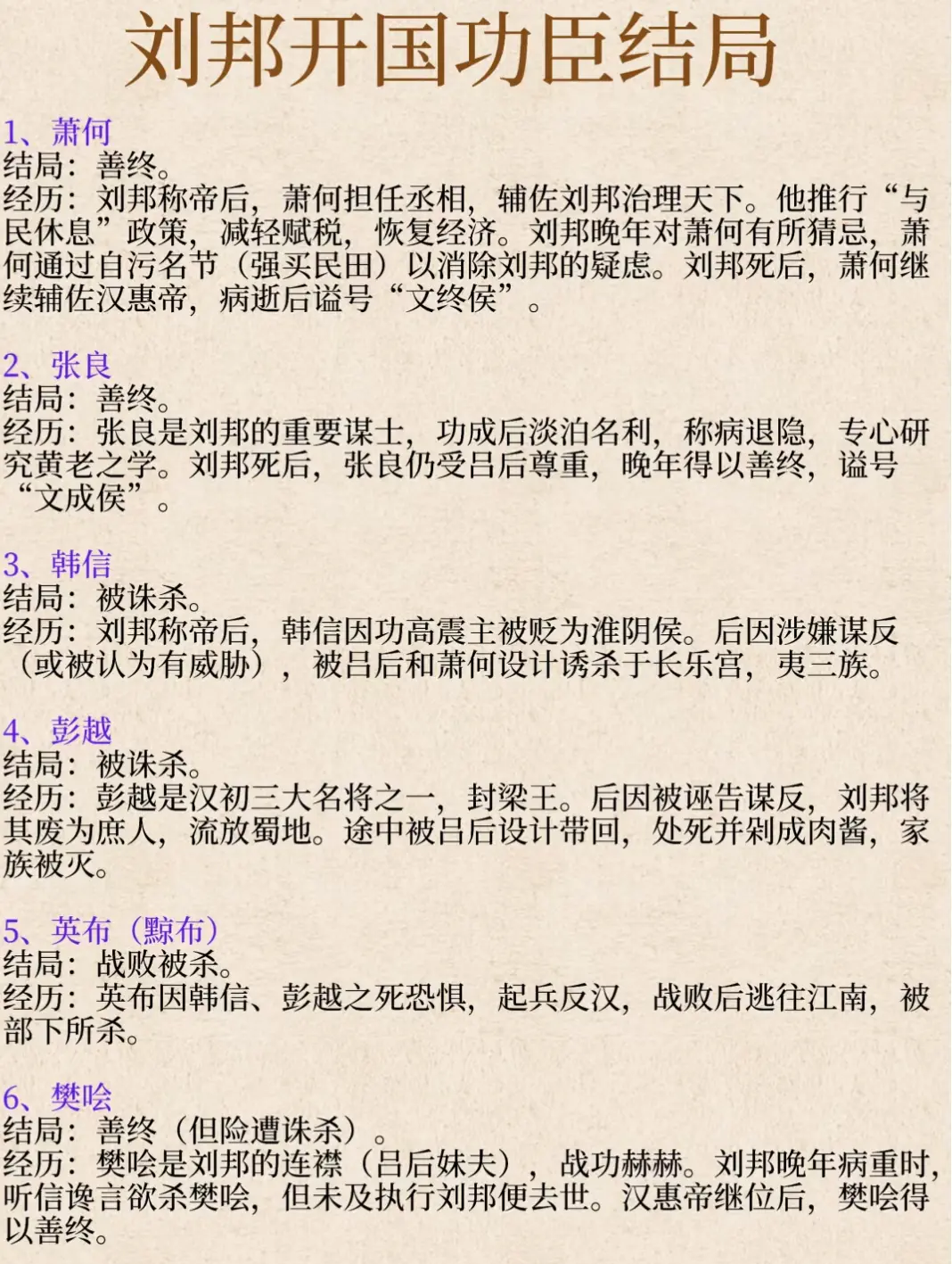 刘邦开国功臣的结局