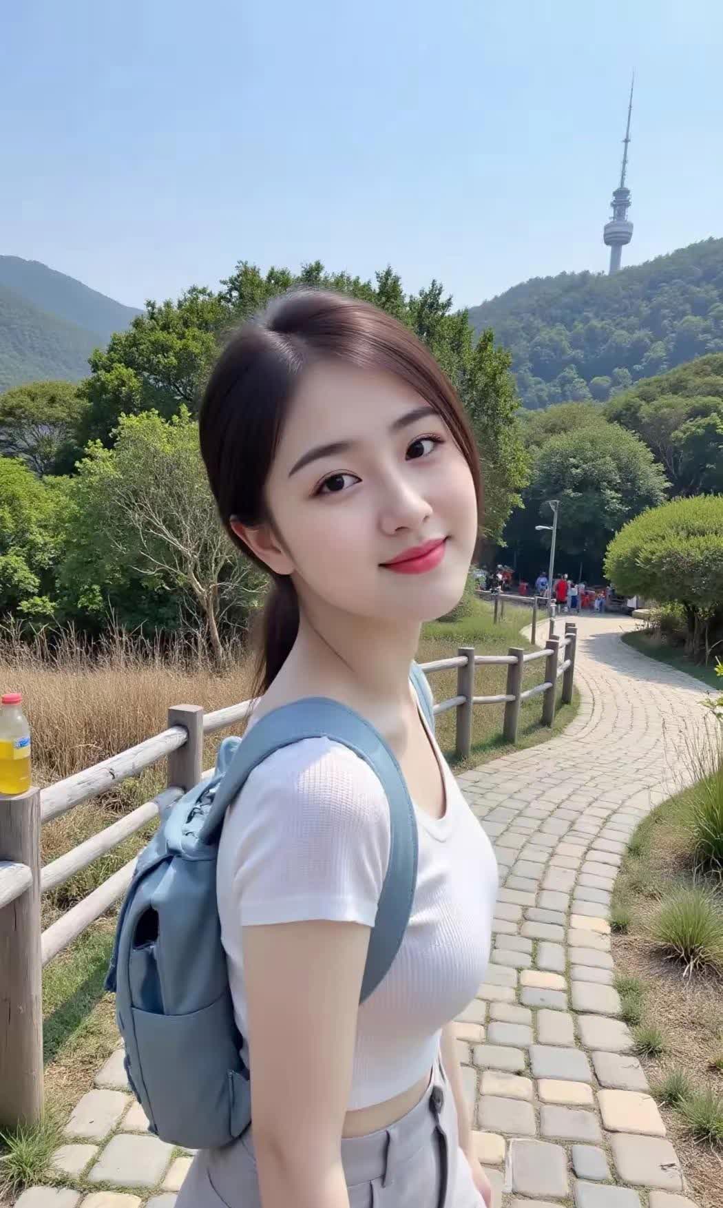 出发之前，先帮我拍张照。今天天气真好，我和我的小蓝包去爬山啦！😄