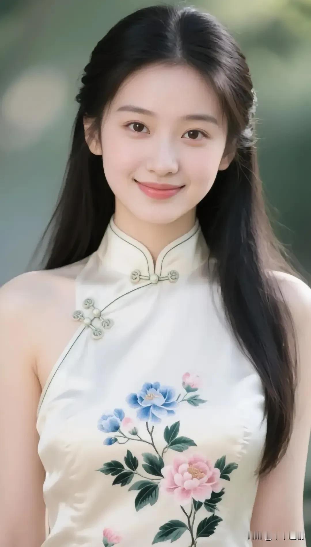 缎面旗袍裹着清浅的春，盘扣轻挽，花影落在肩头。发梢坠着柔风，笑意里是江南揉碎的软