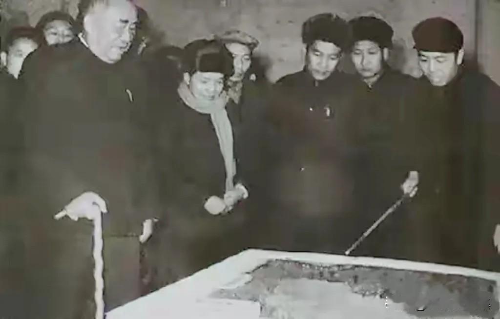 1966年，时任山东省委书记谭启龙同志（前左二）陪同朱德元帅（前左一）视察胜利油