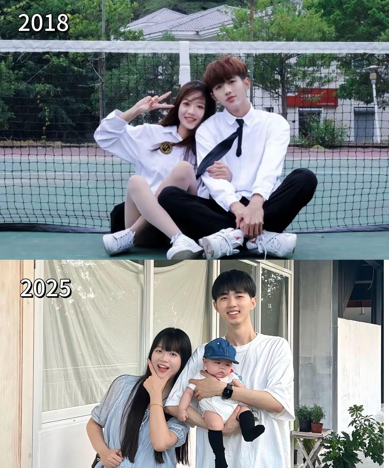 这是一对情侣相隔7年的两人合影照。2018年时两人还是学生样子，洋溢着青春岁月